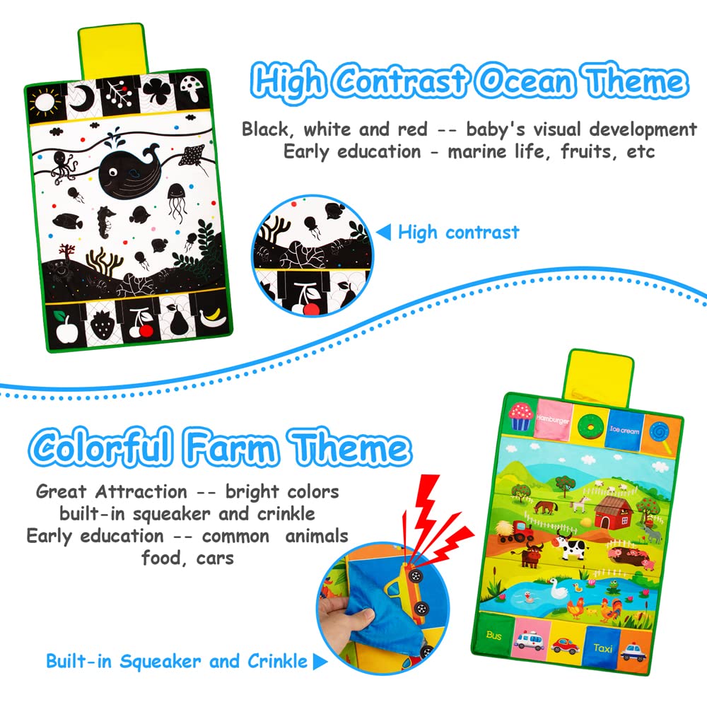 3-in-1 Baby Tummy Time Mirror Play Mat & Pillow - High Contrast Black White Toys for 0-12 Months - Perfect for Early Learning & Sensory Play