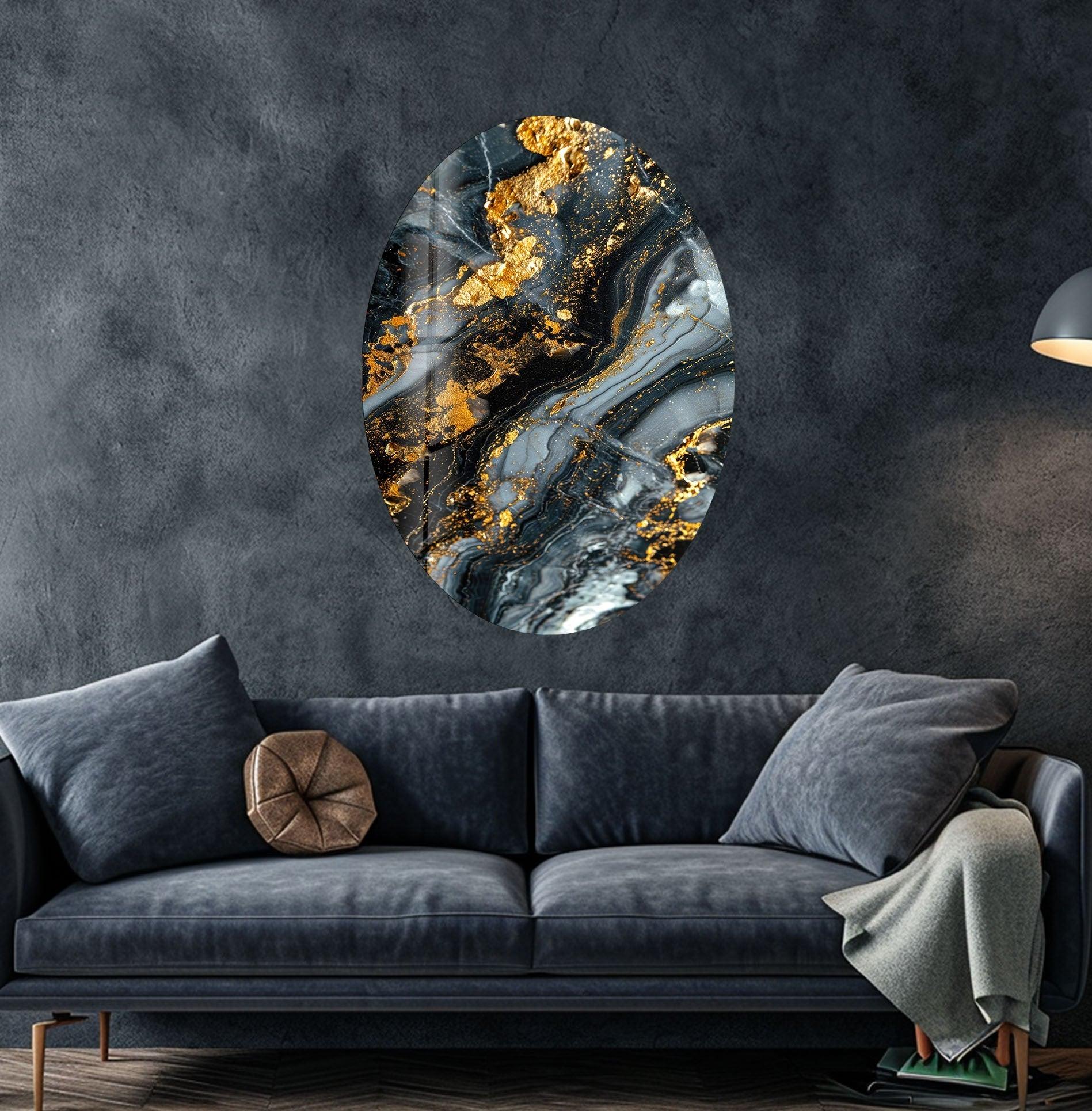 Asymmetric Oval Black Gold Splash Glass Wall Art - Modern Abstract Home Decor for Living Room, Bedroom & Office - Unique Handmade Glass Painting for Wall Decoration