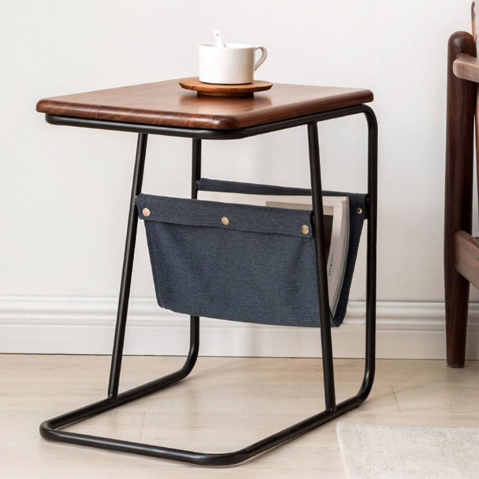 Premium Black Walnut & Oak Solid Wood C-Shaped Iron Side Table - Rustic End Table for Living Room, Bedroom, or Office Decor