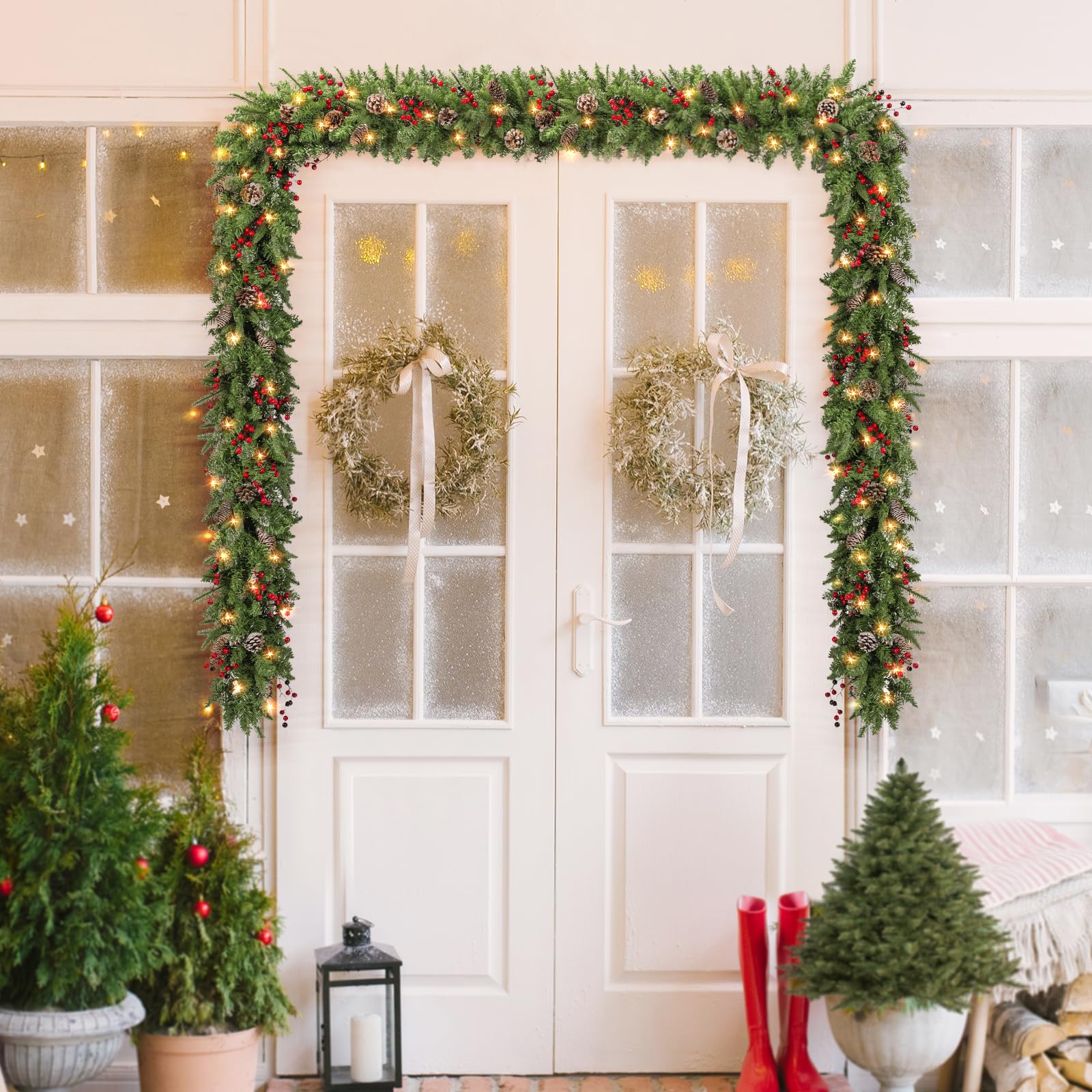 9 ft Prelit Christmas Garland with 100 LED Lights - Battery Operated Timer & 8 Lighting Modes - Faux Pine Garland with Natural Cones & Berries - Perfect for Mantle, Stairs, Fireplace, Holiday Home Decor