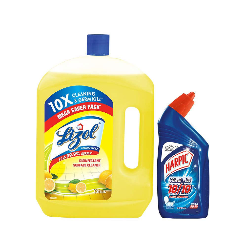 Lizol Citrus Floor Cleaner 2L + Free Harpic Original Toilet Cleaner 500ml | Powerful Disinfection for Kitchen, Bathroom & Hard Floors | Fresh Citrus Scent