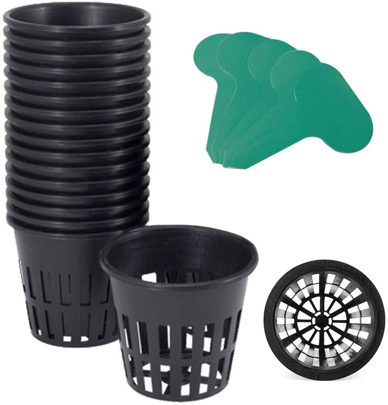 GROWNEER 25 Pack 3 Inch Hydroponic Net Cups with 10 Plant Labels - Heavy Duty Slotted Mesh Wide Lip Plant Basket for Hydroponics, Aquaponics, Indoor Herb Garden & Seed Starting