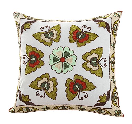 Bohemian Cotton Pillow Sham 18x18 Inches - Exotic Indian Style Embroidered Throw Pillow Cover for Sofa, Bed & Home Decor | Handmade 3D Embroidery Cushion Case for Living Room, Bedroom & Boho Chic Decor