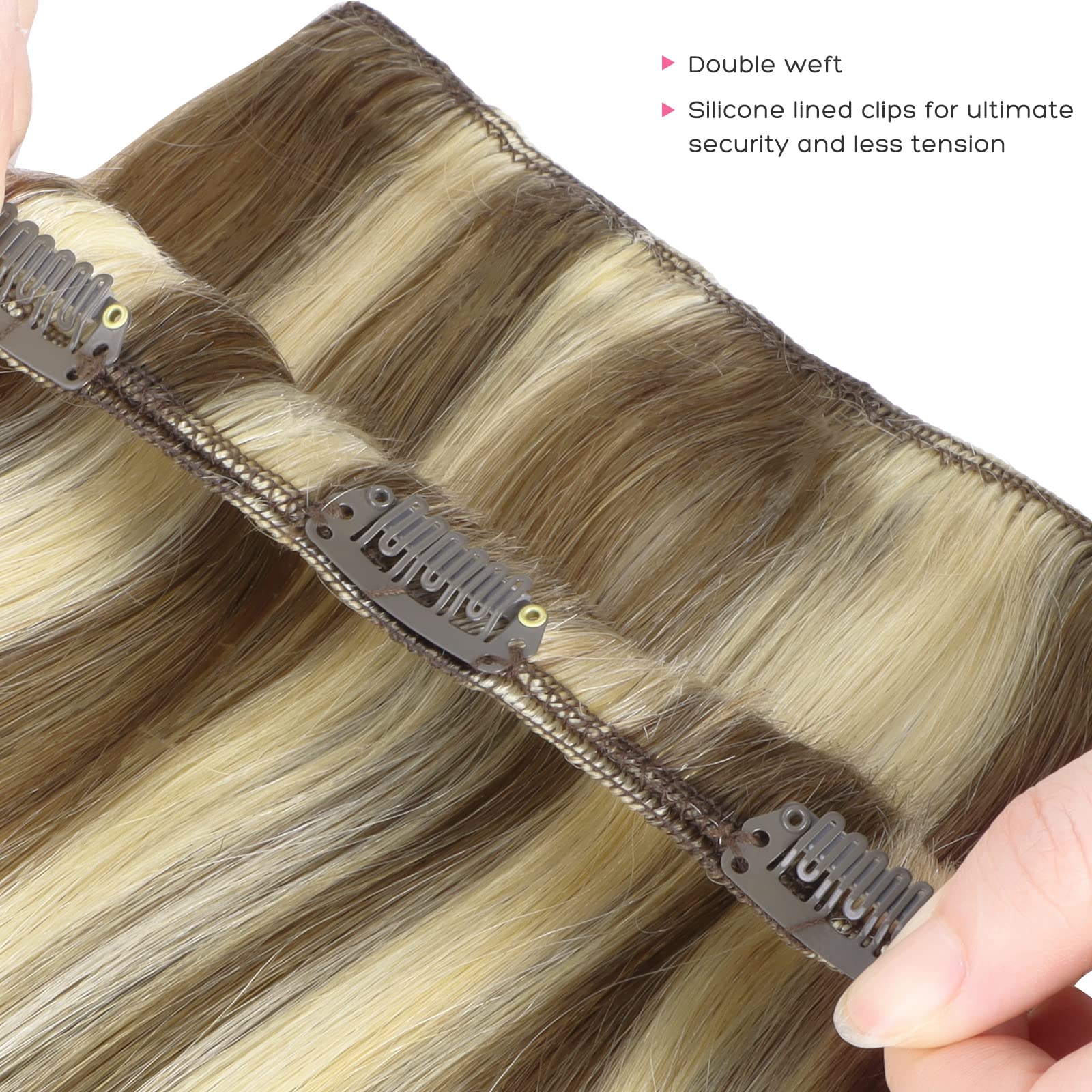 Marat Clip-In Human Hair Extensions 18 Inch 120g - Medium Brown with Golden Blonde Highlights, Straight Remy Hair for Length & Volume | Perfect for Parties, Weddings & Daily Styling