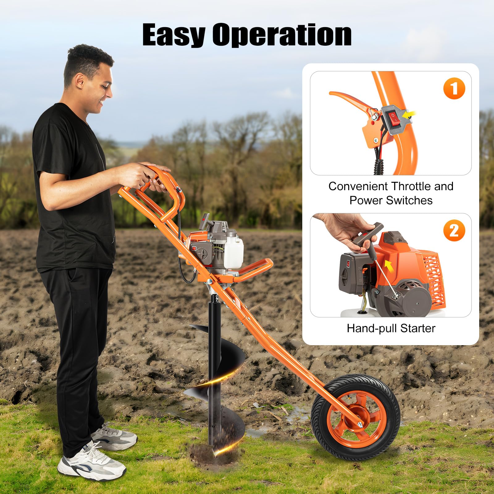 63CC 3HP Gas Powered Post Hole Digger Earth Auger - 11