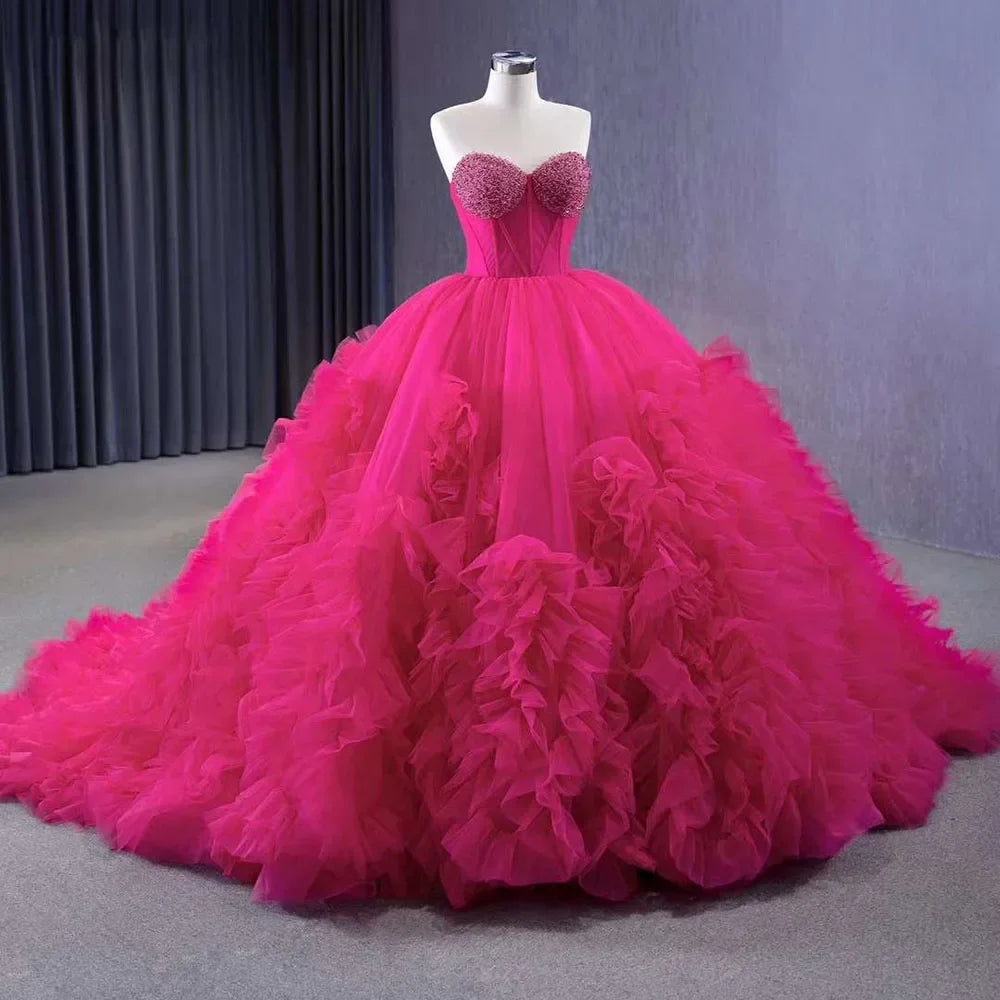 Serene Hill Fuchsia Elegant Boat Neck Lace-Up Pearl Beaded Luxury Wedding Dress 2025 | High-End Custom Made Bride Gown HM231108 | Perfect for Bridal Ceremonies, Vow Renewals & Formal Events