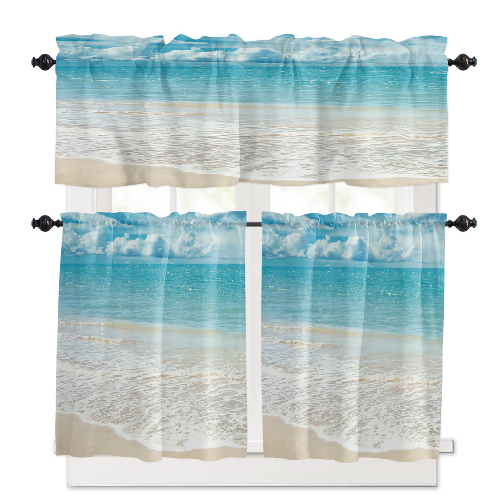 Rod Pocket Kitchen Curtain Valance Set - Tropical Beach Blue Design (52x18 & 27x36, 3 Panel) - Perfect for Coastal Themed Kitchens, Bathrooms & Cottage Windows