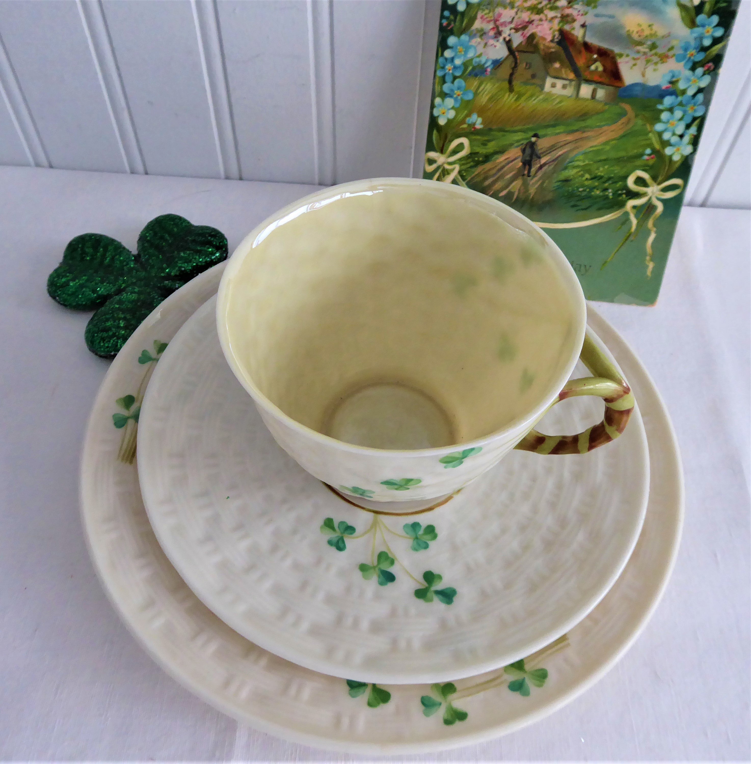 Vintage Irish Belleek Teacup Trio Set - Handcrafted Basket Weave Design with Shamrocks (1950s 4th Green Mark) - Perfect for Afternoon Tea, Collectible Irish Porcelain, Wedding Gift