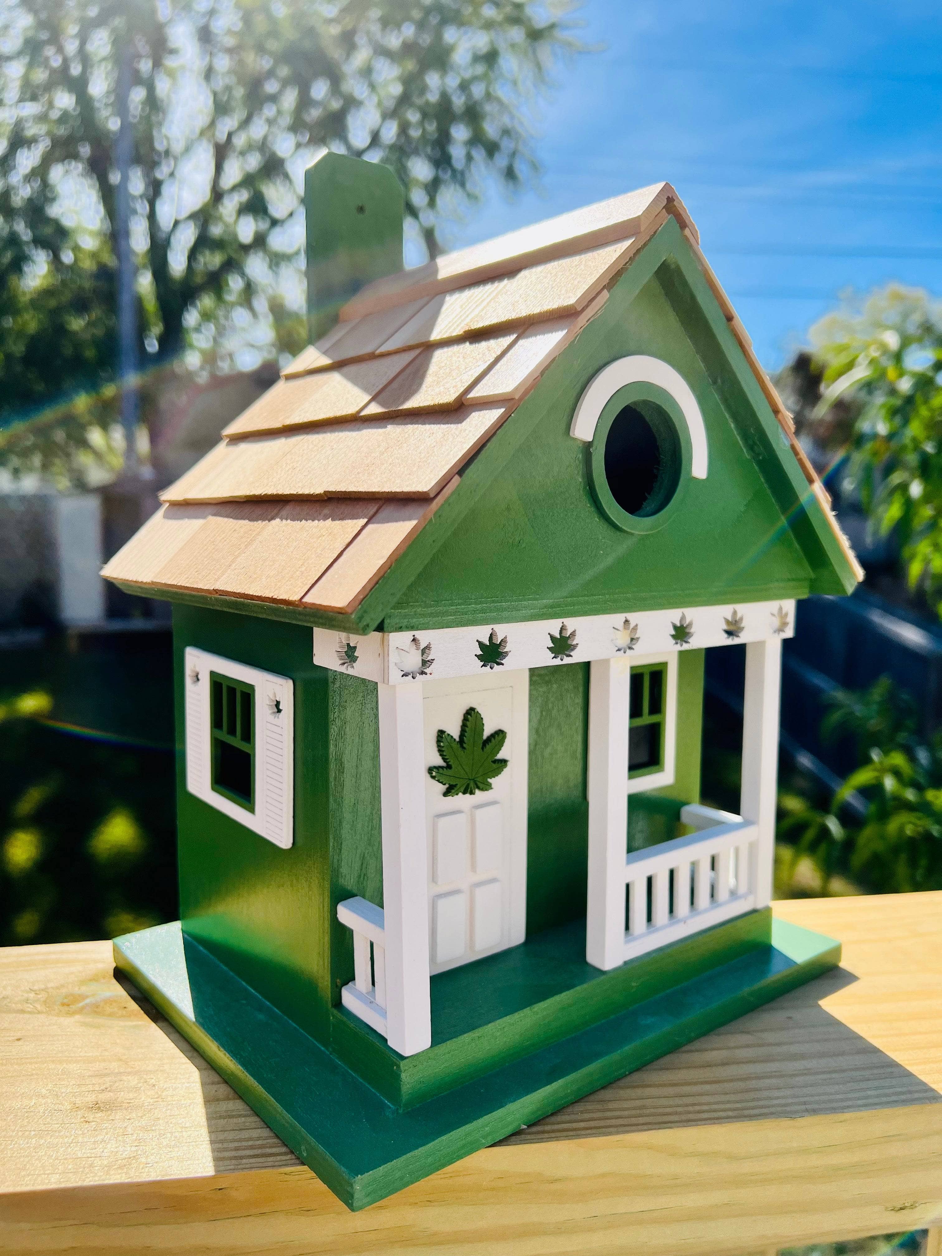 Handmade Cannabis-Themed Wooden Birdhouse for Garden Decor - Perfect for Outdoor Bird Watching & Unique Gift Idea