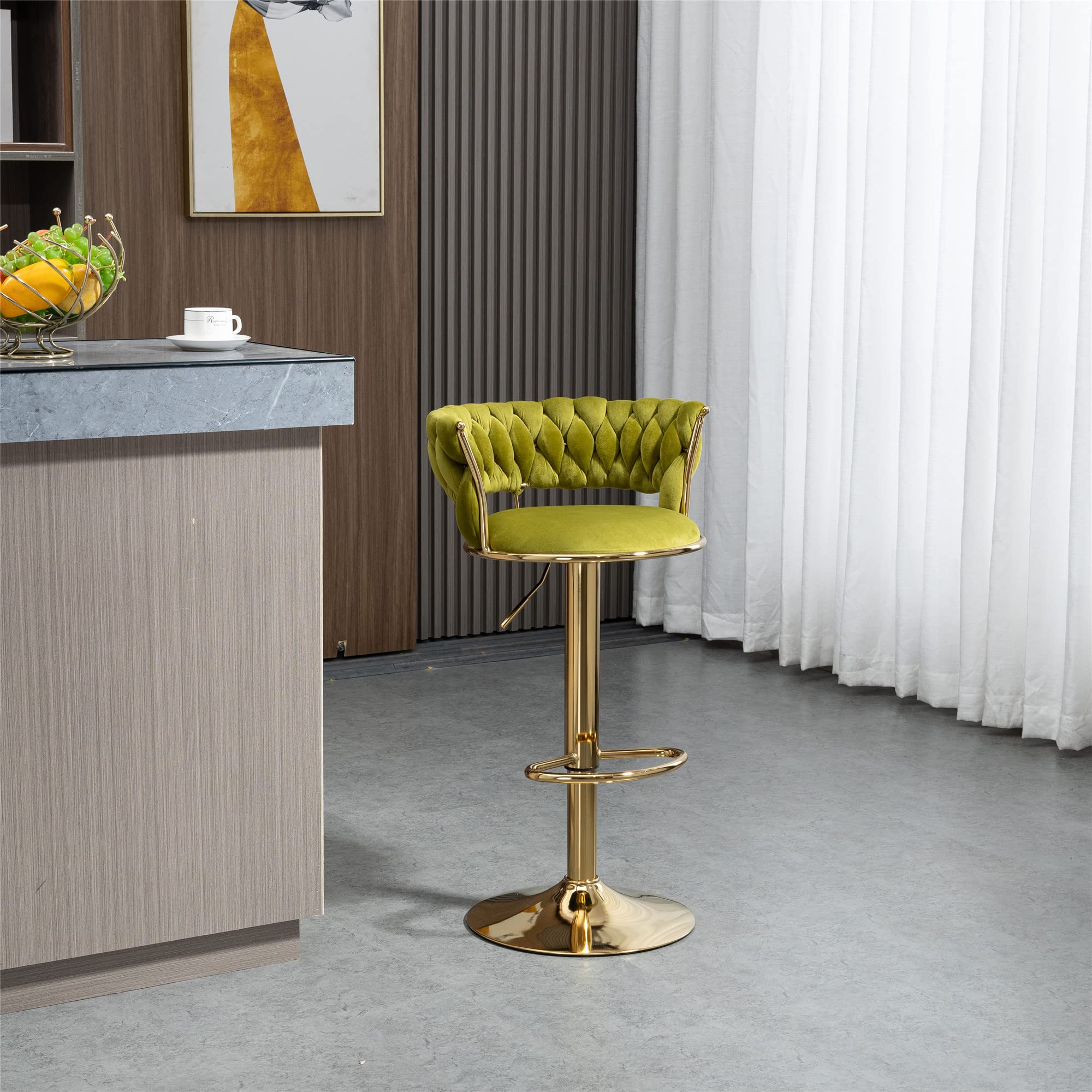Swivel Bar Stools Set of 2 - Adjustable Height Kitchen Counter Stools with Footrest - Velvet Upholstered Dining Chairs for Kitchen Island, Breakfast Bar & Restaurant (Modern Style, Green)