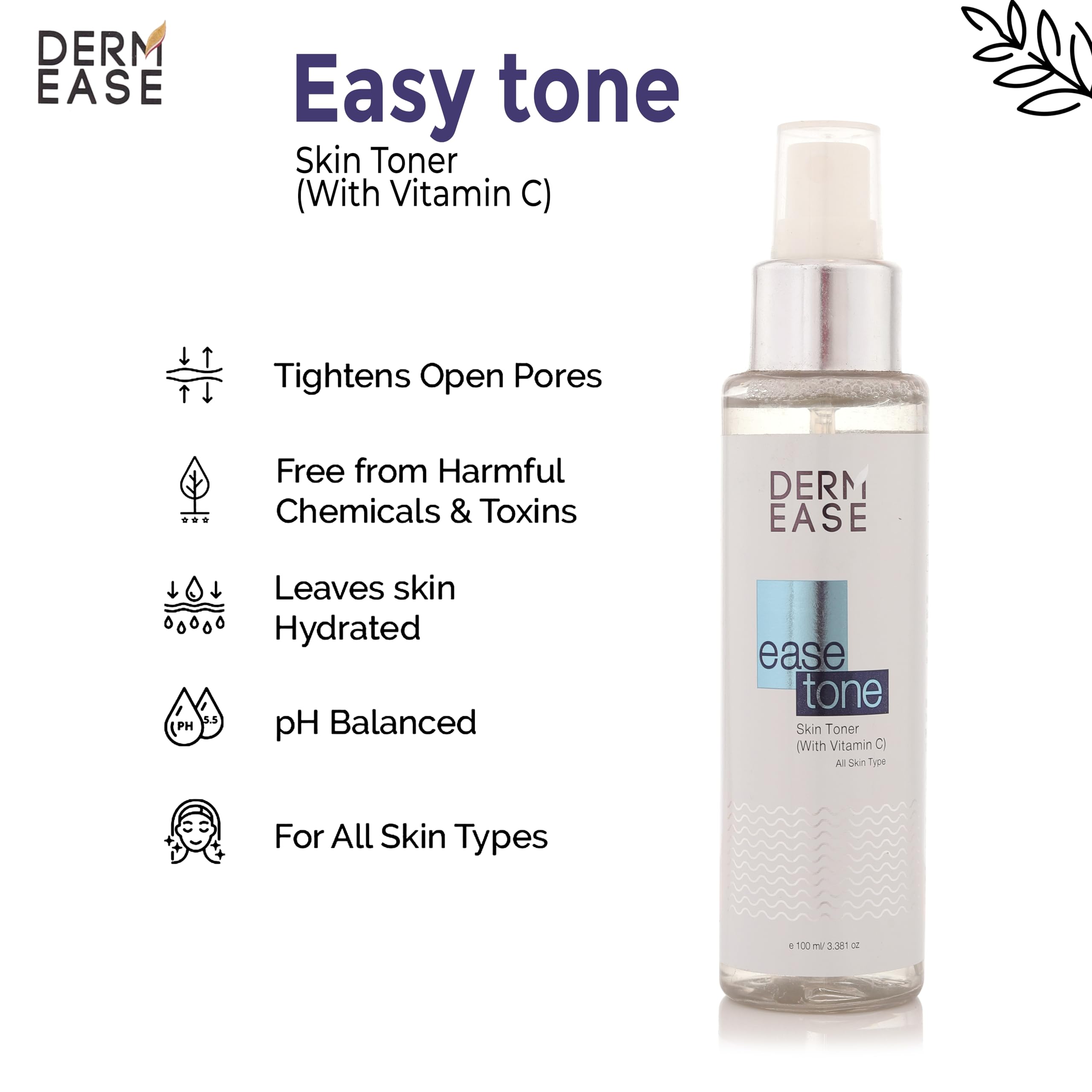 DERM EASE Ease Tone Skin Toner with Rose Water, Castor Oil, Lemon Oil & Aloe Vera Extract - 100ml for Acne Prone, Oily & Glowing Skin | Hydrating Facial Toner for Daily Skincare Routine & Post-Cleansing Treatment