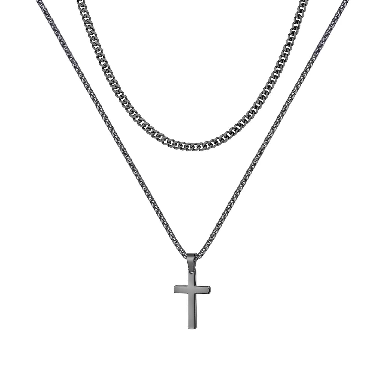 18K Gold & Silver Black Stainless Steel Layered Cross Pendant Necklace for Men & Women - Adjustable 16-24 Inch Box Chain - Religious Jewelry Gift for Boys, Girls, Teens & Adults - Perfect for Church, Weddings, Everyday Wear & Fashion Accessories