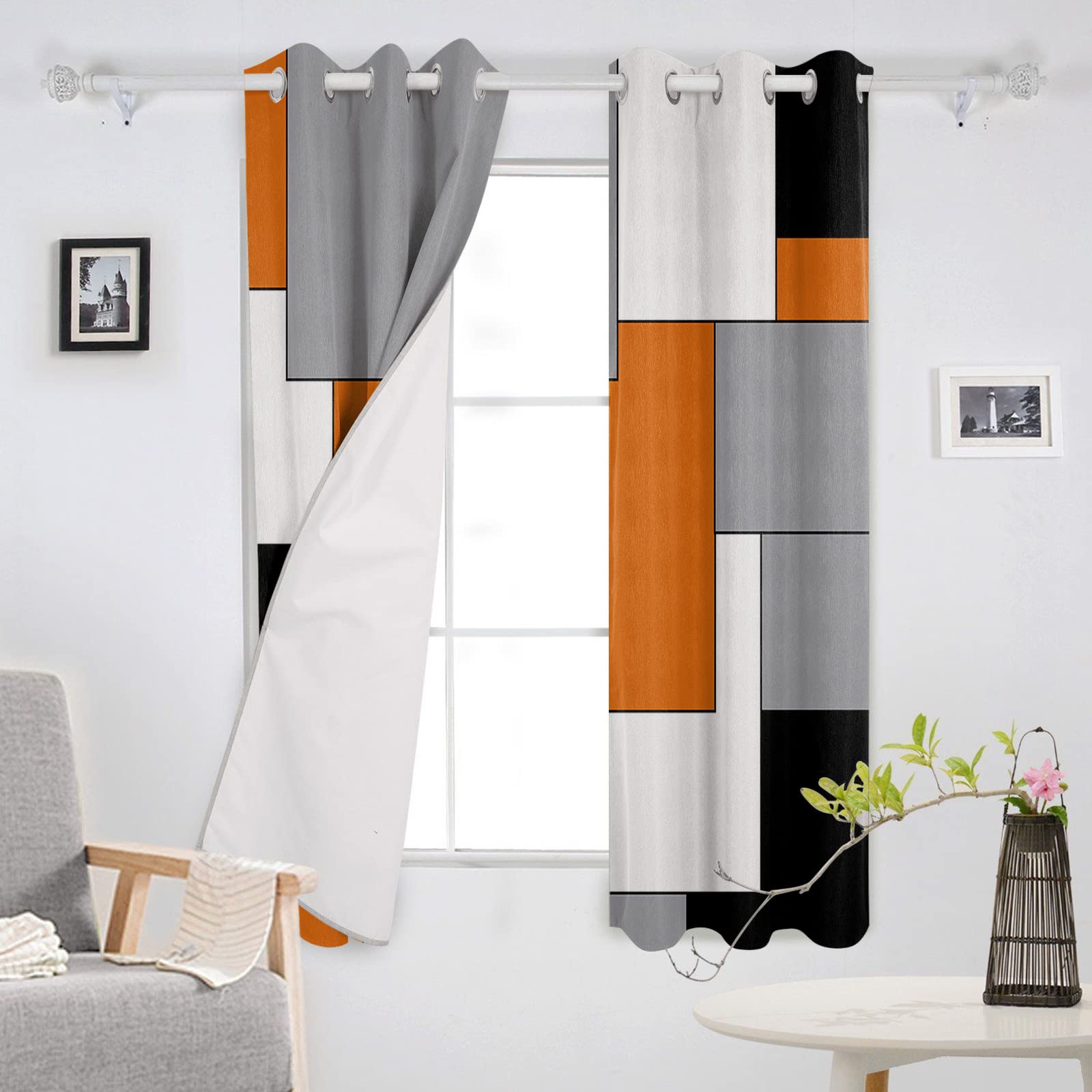 Blackout Curtains 72 Inch Length - 2 Panels Set | Abstract Art Orange Black Gray Room Darkening Thermal Insulated Grommet Window Drapes for Living Room & Bedroom Decor - Perfect for Home Theater, Night Shift Sleep & Light Control