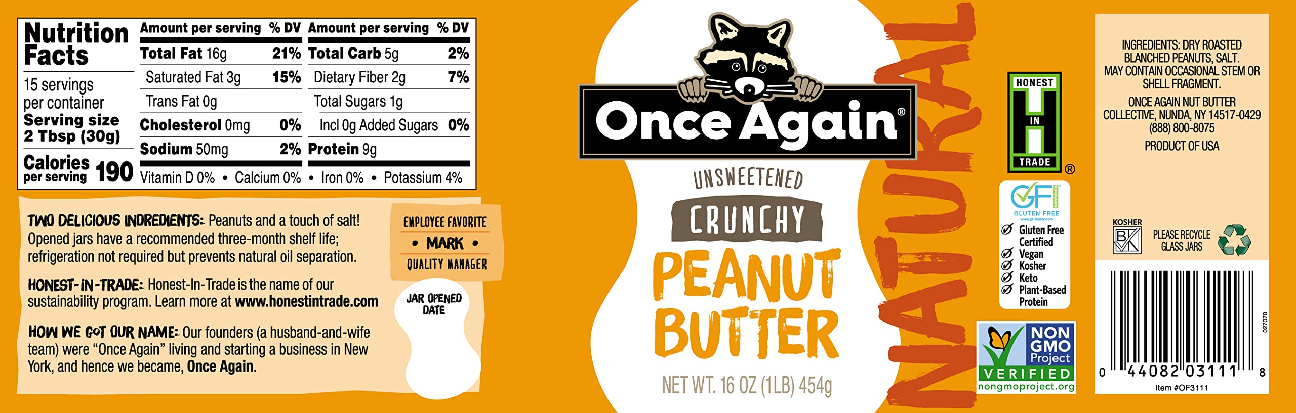 Once Again Natural Crunchy Peanut Butter 16oz - Lightly Salted, Unsweetened, Gluten Free, Vegan, Kosher, Non-GMO - Healthy Snack for Sandwiches, Smoothies & Baking - Packed in Glass Jar