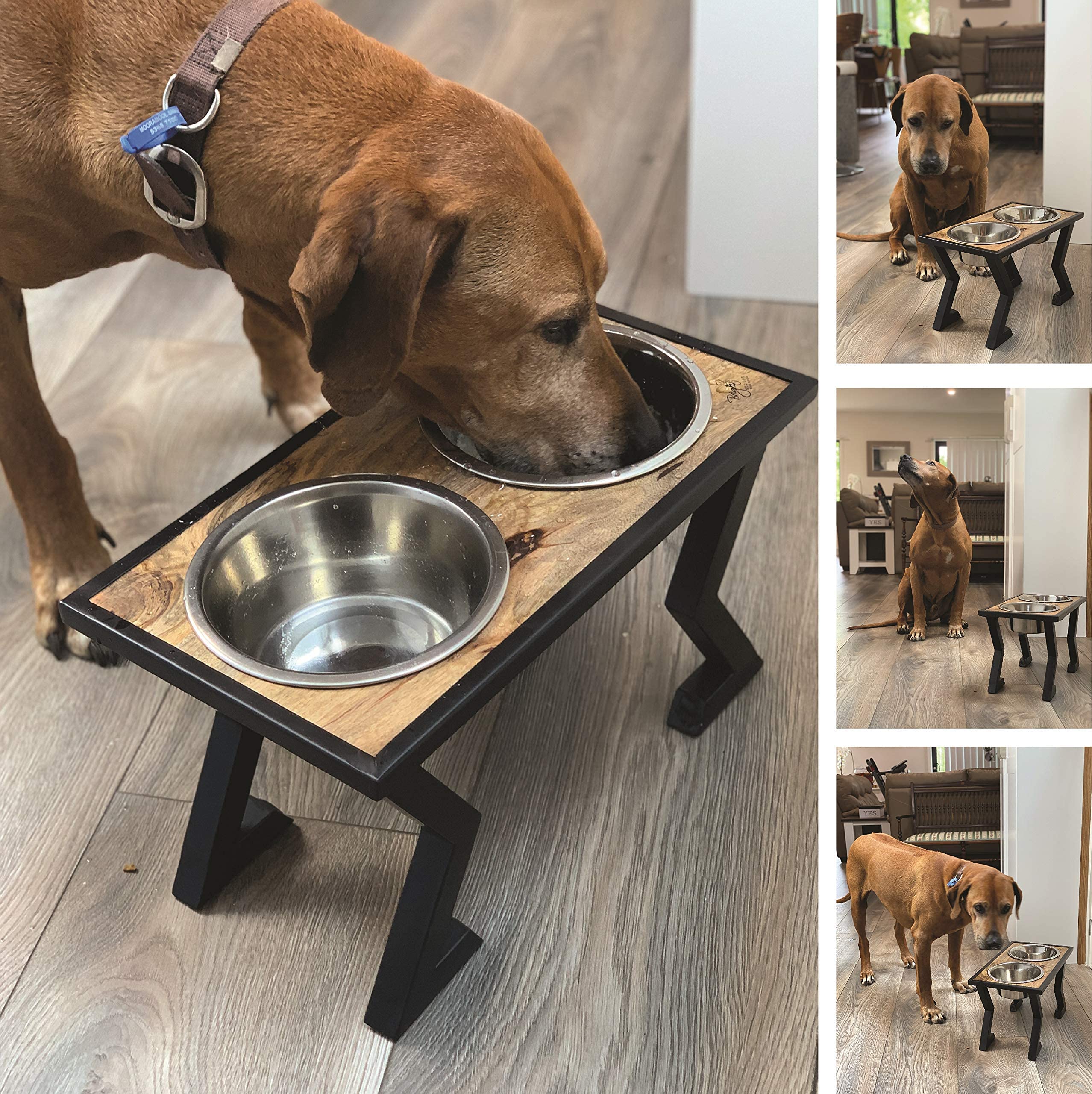 Elevated Dog Bowls for Large & Medium Dogs - 2 Stainless Steel Pet Food & Water Bowls with Mango Wood Top on Sturdy Black Metal Stand - Perfect for Dining Areas, Kitchens & Pet Feeding Stations