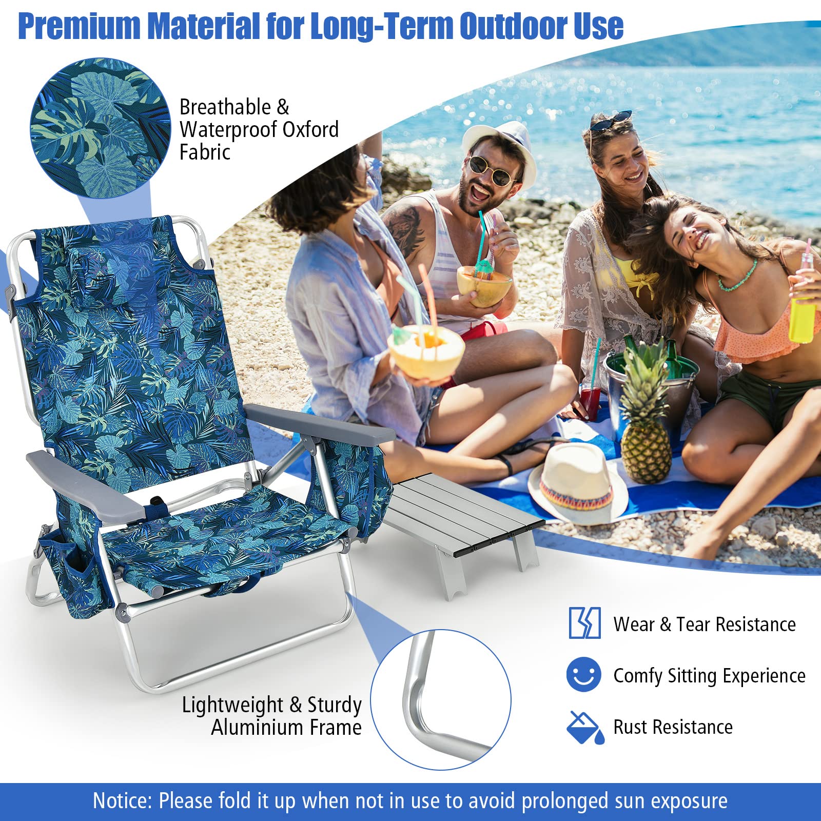 **Tangkula 5-Position Adjustable Beach Chair with Built-in Table & Cooler Bag - Lightweight Folding Backpack Chair with 2 Cup Holders & Towel Bar - Perfect for Beach, Camping, Picnics & Outdoor Relaxation (Navy)**