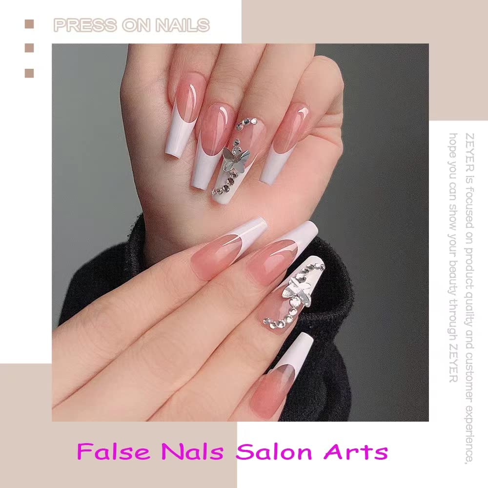 24 Pcs Long Press on Fake Nails - Acrylic Ballet French White with Butterfly Design, Self-Adhesive False Nails for Women & Girls | Perfect for Parties, Weddings, and Special Occasions