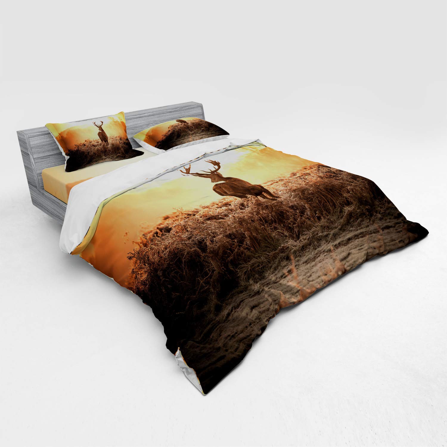 Ambesonne Hunting Duvet Cover Set - Red Deer in Morning Sun Wilderness Nature Scenery, 4-Piece King Size Bedding Set with Shams & Fitted Sheet, Brown Orange - Perfect for Cabin, Lodge & Countryside Home Decor