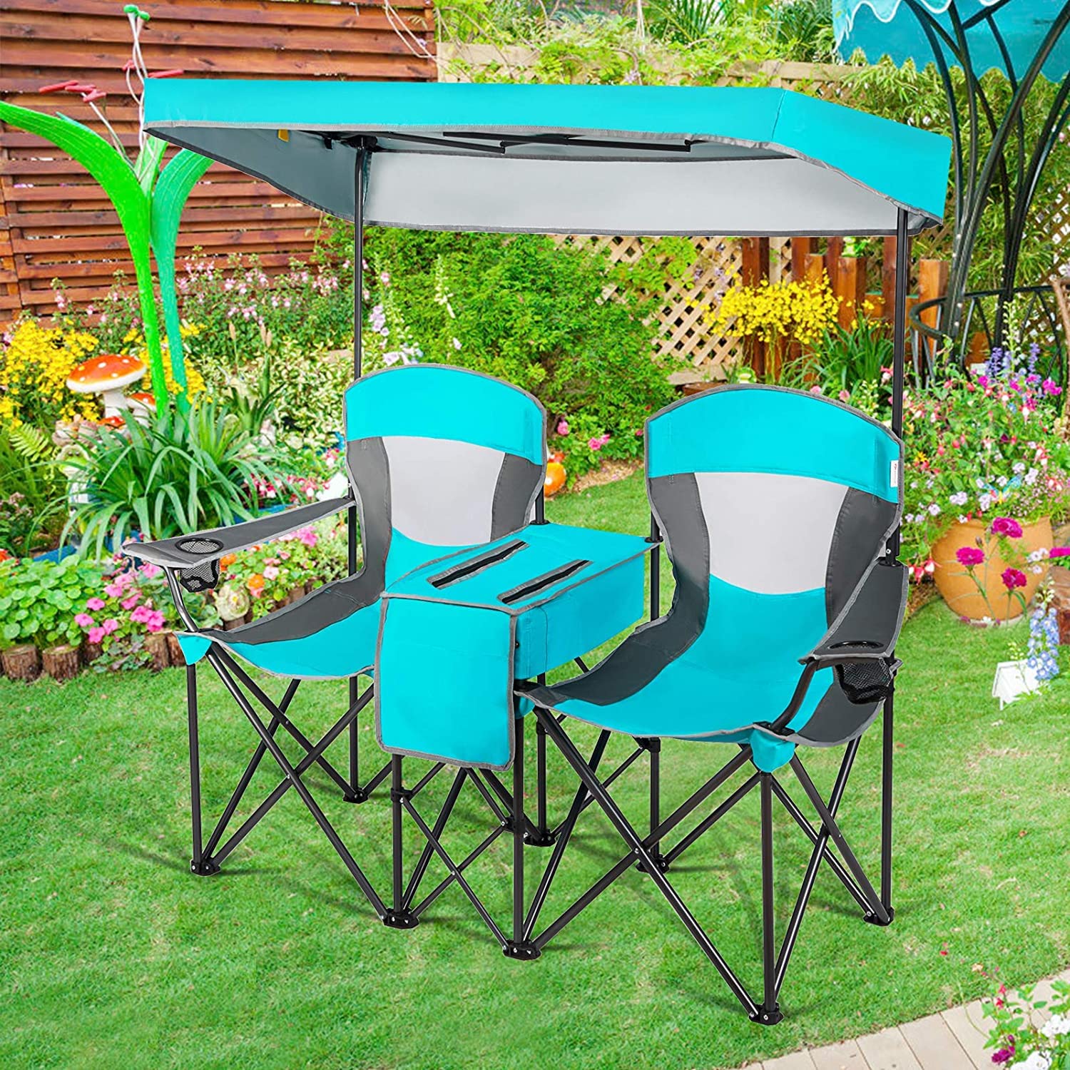 LUARANE Double Camping Chair with Shade Canopy - Portable Folding Beach Chair with Mini Table, Cup Holder & Carry Bag - Perfect for Beach, Park, Pool, Camping, Fishing & Outdoor Adventures