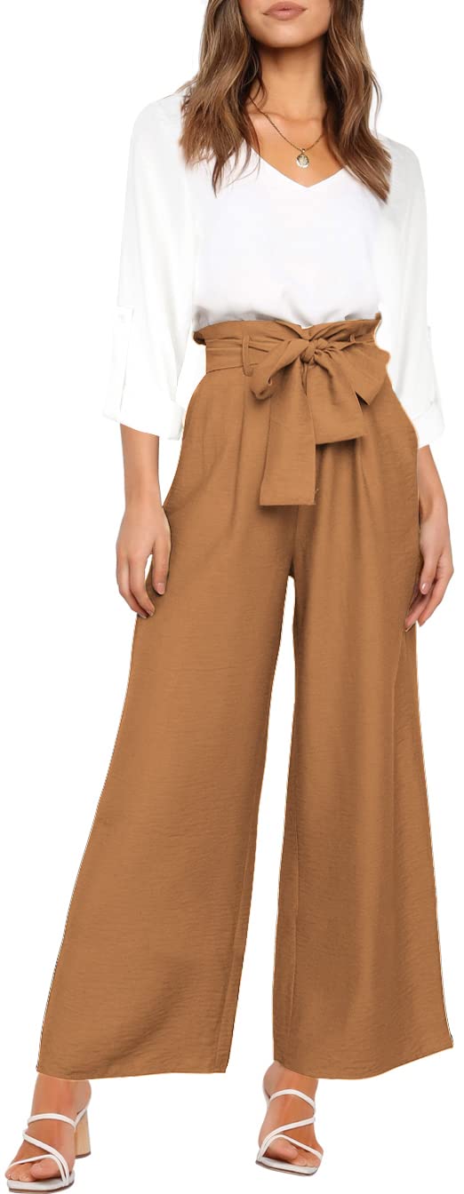 FANCYINN Women's 2-Piece Outfit Set - V-Neck Long Sleeve Blouse & High Waisted Paper Bag Pants with Belt | Casual Office Wear & Spring Outfits for Women