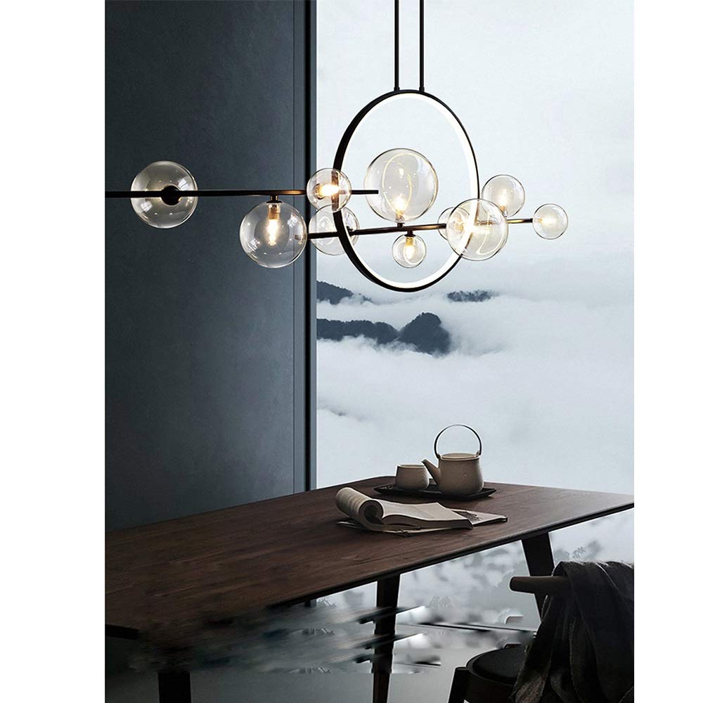 Modern Wrought Iron LED Chandelier Light - Round Black & Gold Postmodern Glass Bubble Design with G9 Bulb (100x73cm) - Perfect for Dining Room, Living Room, and Bedroom Lighting