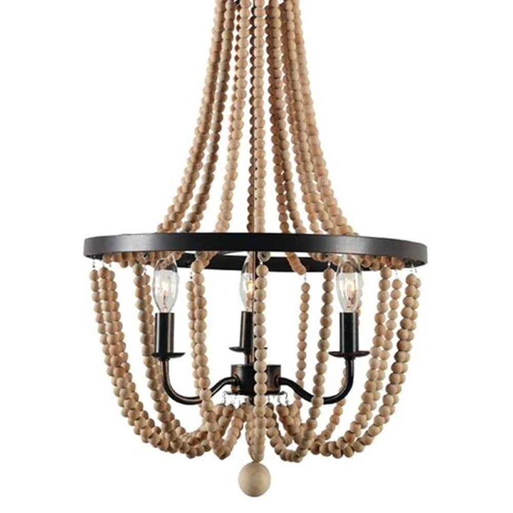 Rustic Wood Bead Chandelier - Farmhouse 3-Light Wooden Beaded Ceiling Fixture for Kitchen Island, Bedroom, Dining & Living Room | Perfect for Cozy Home Decor and Country Style Interior Lighting