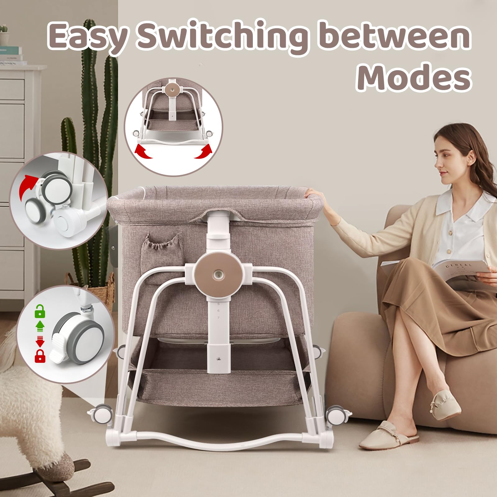 4-in-1 Adjustable Baby Bassinet with Lockable Wheels, Storage & Mosquito Net - 7-Level Height Adjustment for Newborns (Khaki) | Perfect for Bedside Sleeping, Nursery & Travel