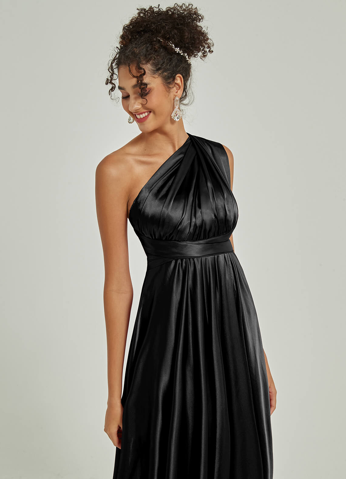 Elegant Black Satin Convertible Bridesmaid Dress - Multi-Way Wrap A-Line Gown for Weddings, Parties & Special Occasions
