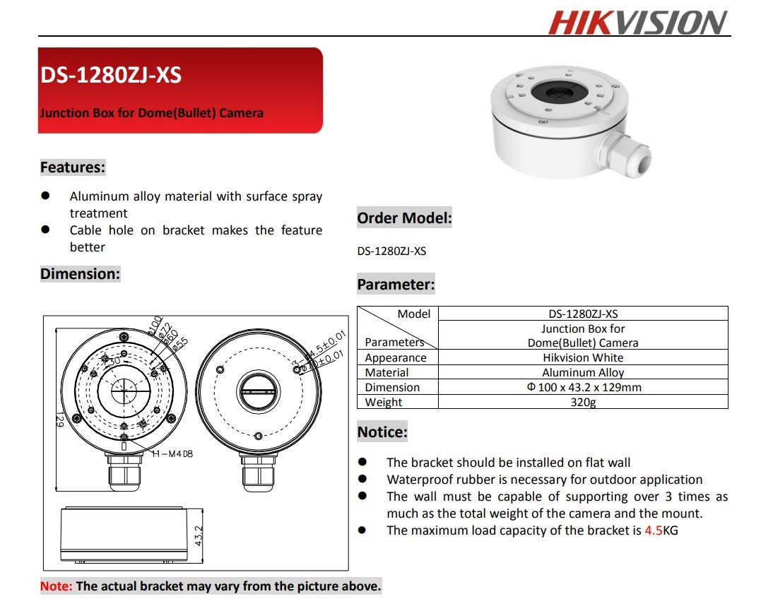 Hikvision DS-2CD2042WD-I & 2CD20xx Series Aluminum Junction Back Box Bracket (6 Pack) - Weatherproof Outdoor Security Camera Mounting Solution for Home & Business Surveillance