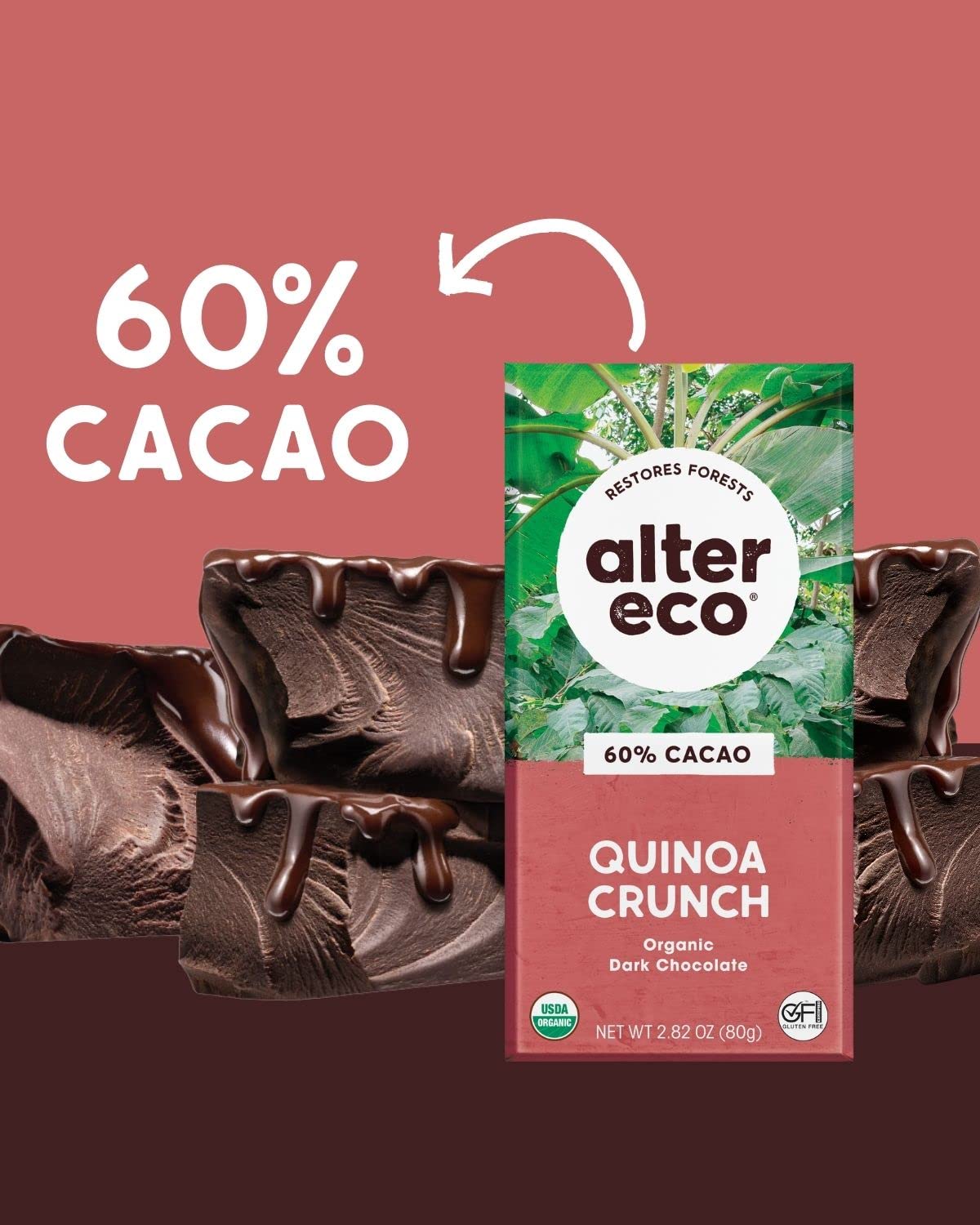 Alter Eco Organic Dark Chocolate Bars - Fair Trade, Non-GMO, Gluten Free, Pure Dark Cocoa with Quinoa Crunch (2-Pack) | Perfect for Healthy Snacking, Gifts & Vegan Treats