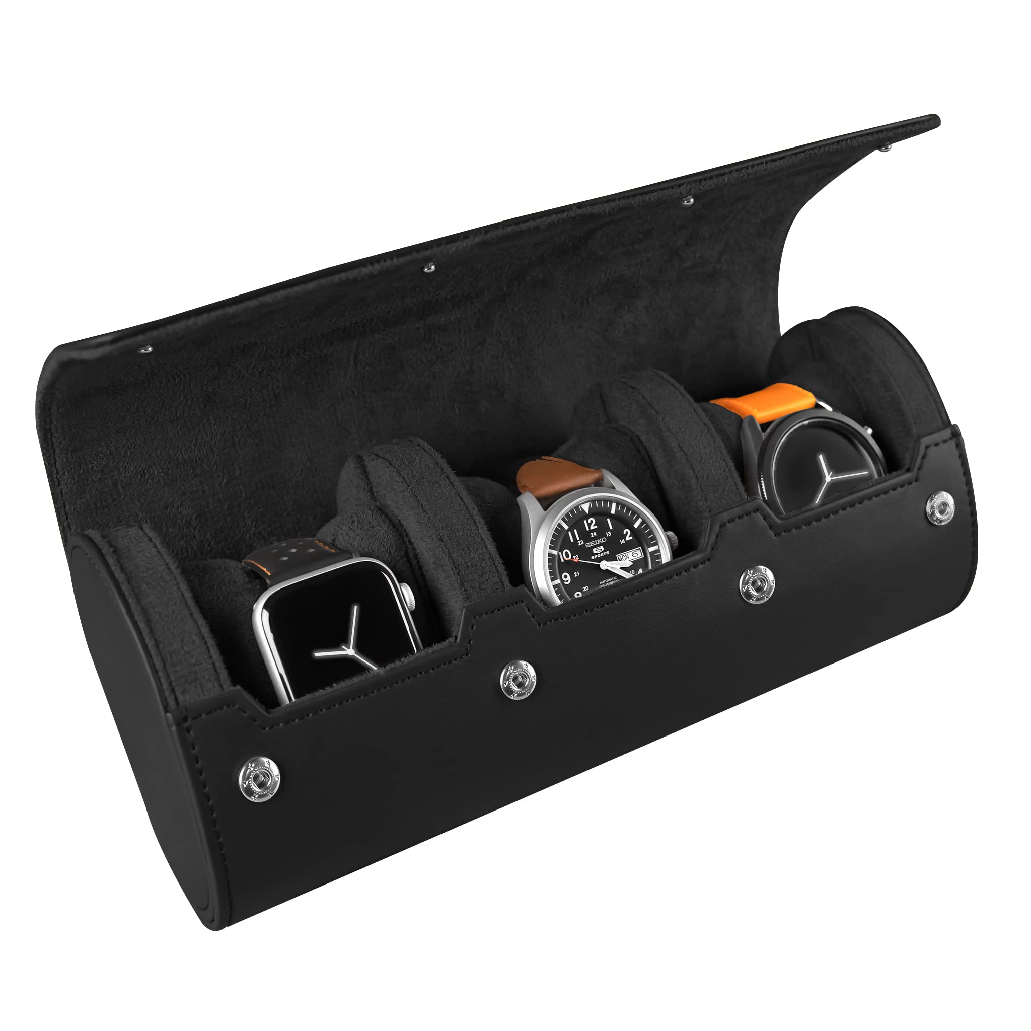 BARTON WATCH BANDS Men's Black Leather Watch Roll Case - Premium 3-Watch Travel Organizer for Storage & Protection | Perfect for Business Trips, Vacations & Home Display | Durable Watch Accessory Collection Case