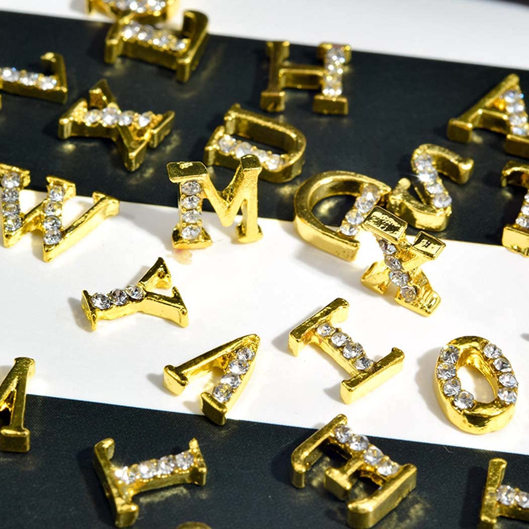 WOKOTO 52pcs Gold Silver Nail Charms Set - 3D Alphabet Letters & Rhinestones for Nail Art - DIY Manicure Decorations for Parties, Weddings, and Special Occasions
