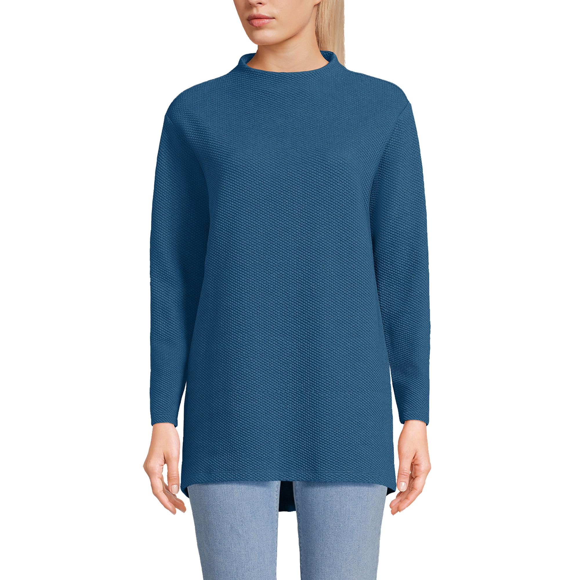 Lands' End Women's Long Sleeve Textured Pique Funnel Neck Tunic Top - Casual Workwear & Layering Essential for Fall and Winter