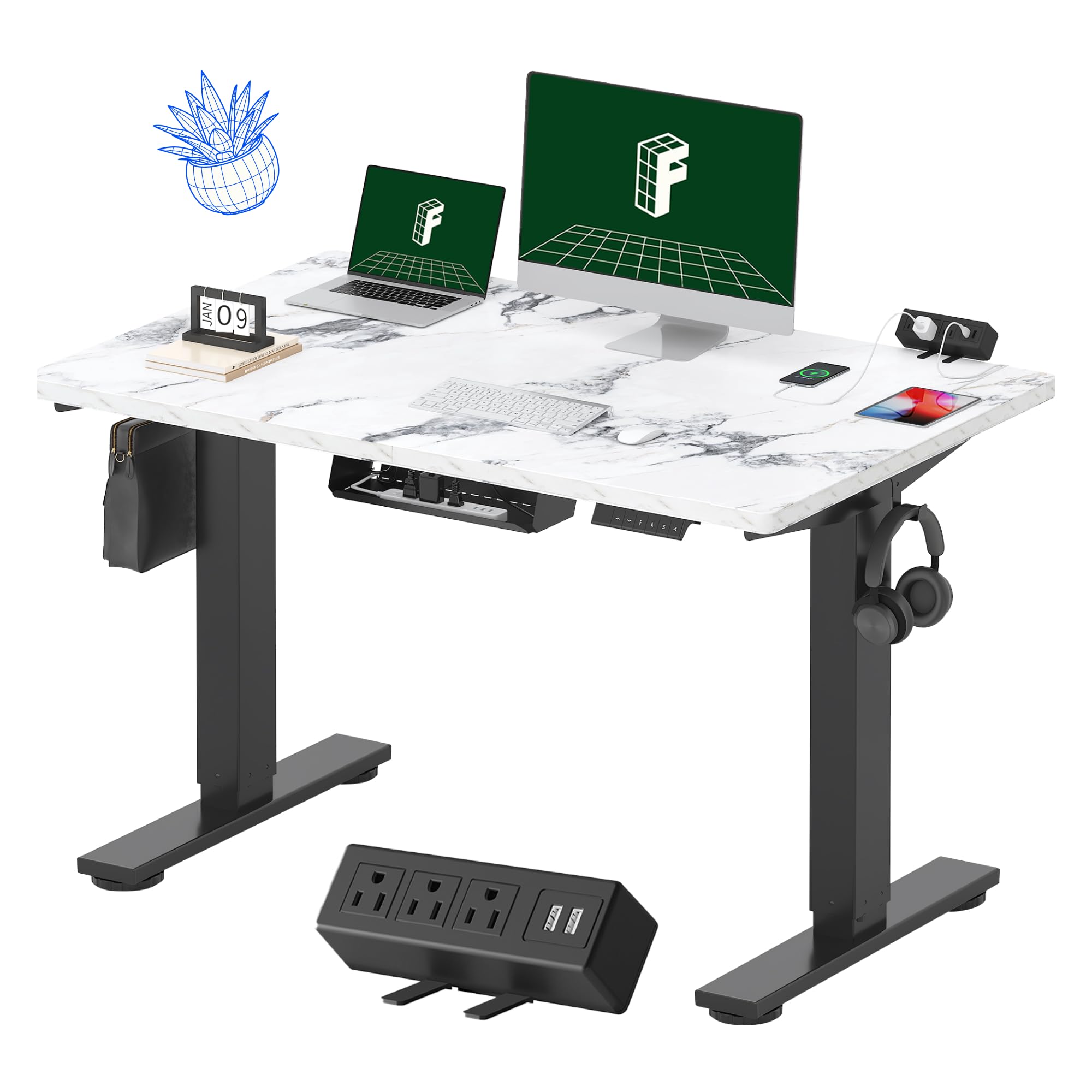 FLEXISPOT EN2 Electric Standing Desk 48 x 30 Inches - Height Adjustable Whole-Piece Desk with Clamp Power Strip & Cable Management (Black Frame/Marble Gray) for Home Office, Gaming & Workspace Ergonomics