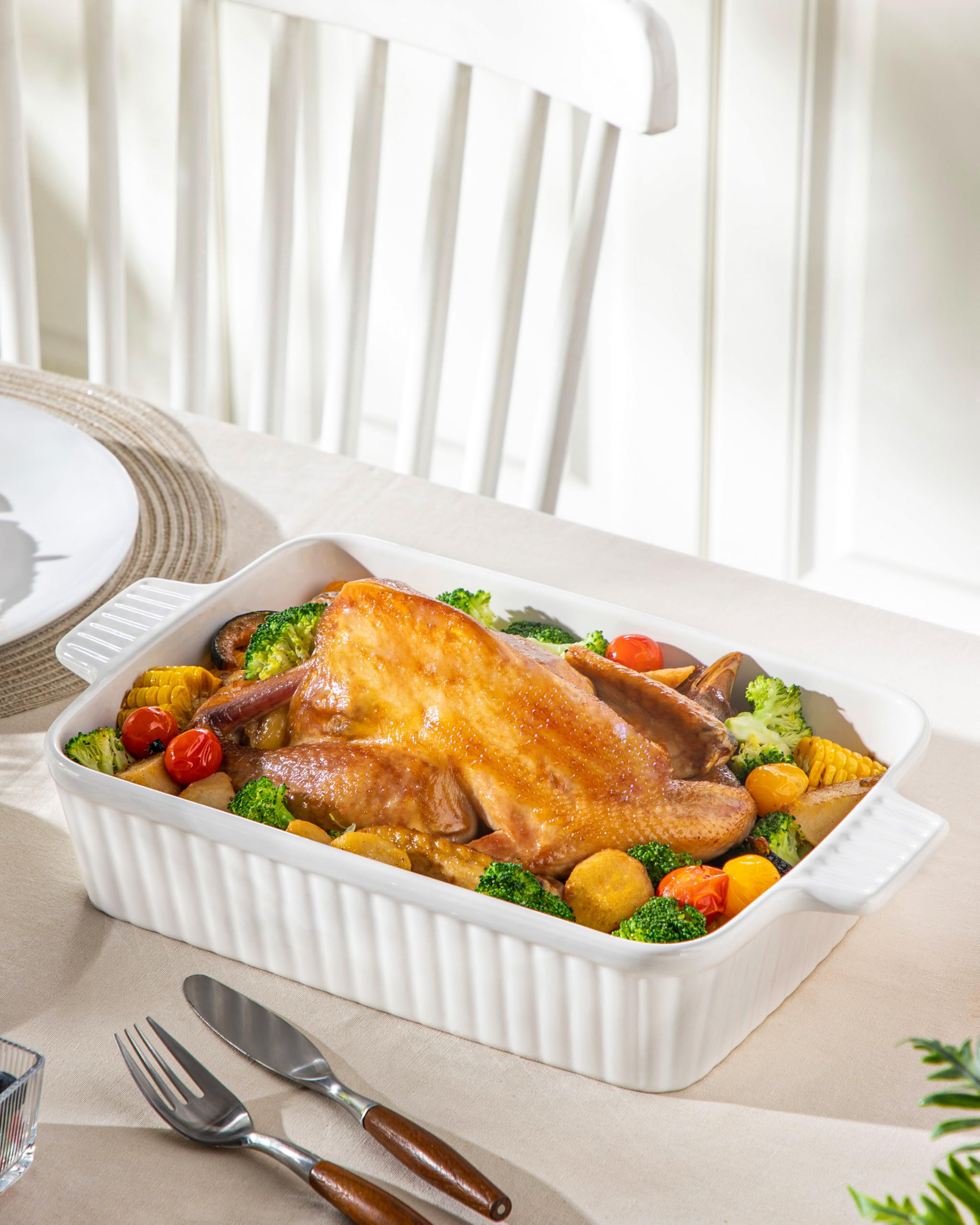 MALACASA 4.4 QT Ceramic Baking Dish - 9x13 Inch Large Rectangular Casserole Pan with Handles, Oven & Microwave Safe White Lasagna Dish for Baking, Roasting & Serving - Perfect for Family Dinners, Holiday Meals & Potlucks