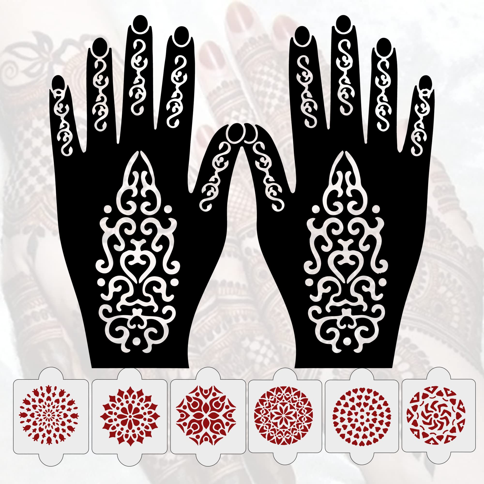 8 Pcs Reusable Henna Stencil Kit - 2 Henna Tattoo Stencils + 6 Laser Cut PVC Templates for Women, Girls & Kids | Easy Application Mehandi Stickers for Full Hand Designs | Perfect for Weddings, Festivals & DIY Body Art (IVNH-1001)