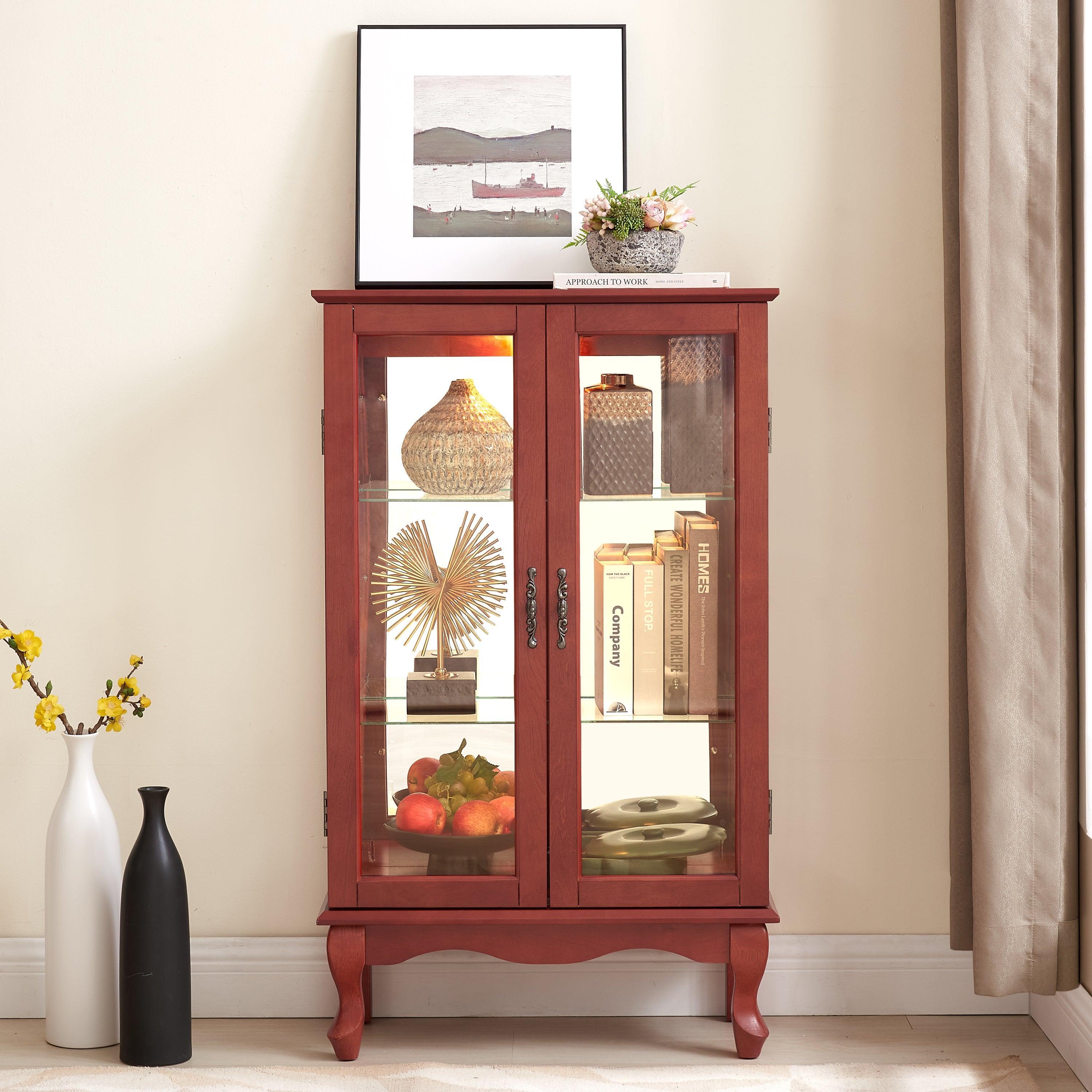 2 Door Curio Cabinet with Tempered Glass & Mirrored Back - LED Lighted Display Case for Living Room, Dining Room, Office - Showcase Collectibles, China, or Decor Items