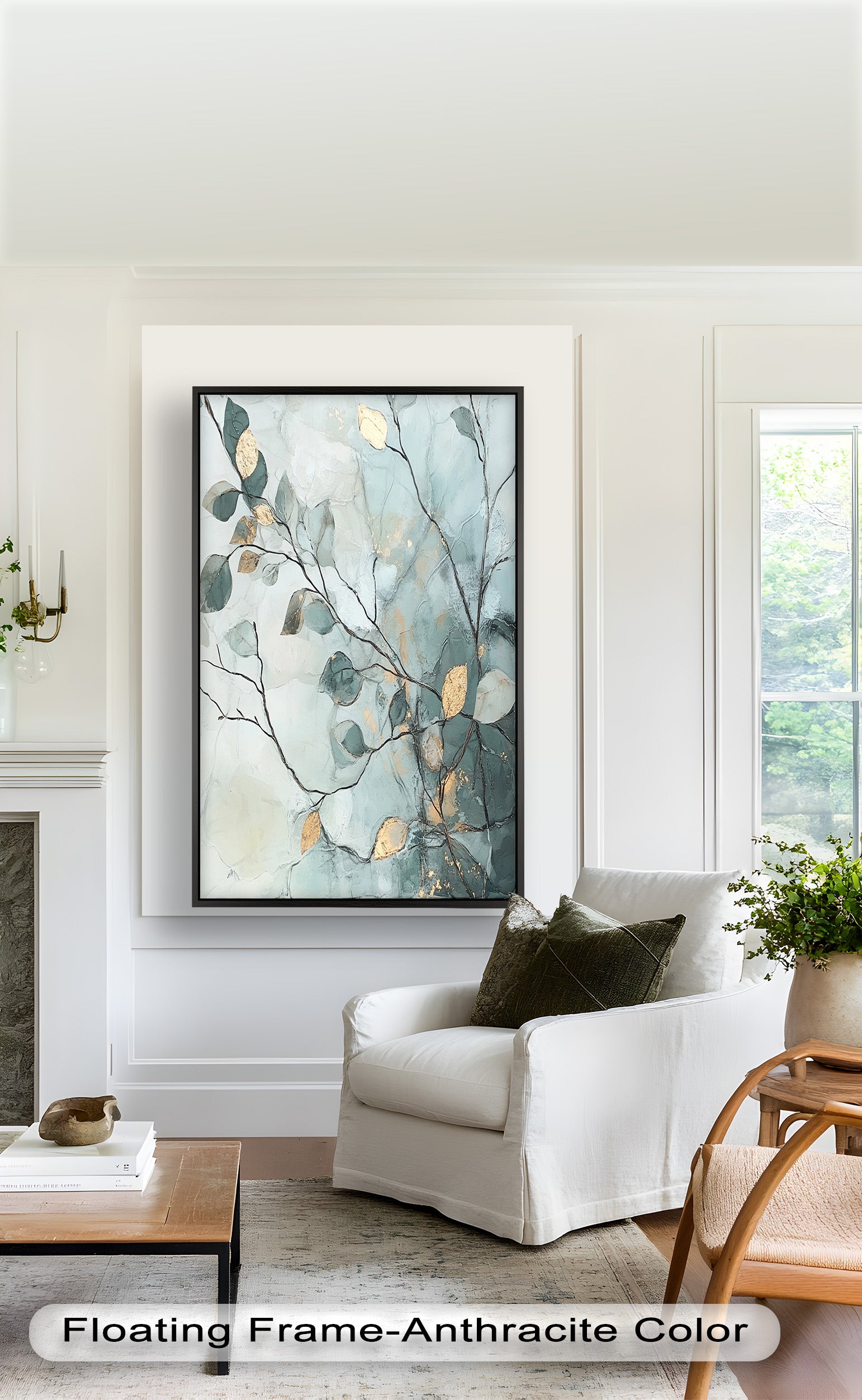Blue and Metallic Leaf Branch Abstract Oil Painting - Handmade Canvas Wall Art for Living Room, Bedroom & Office Decor