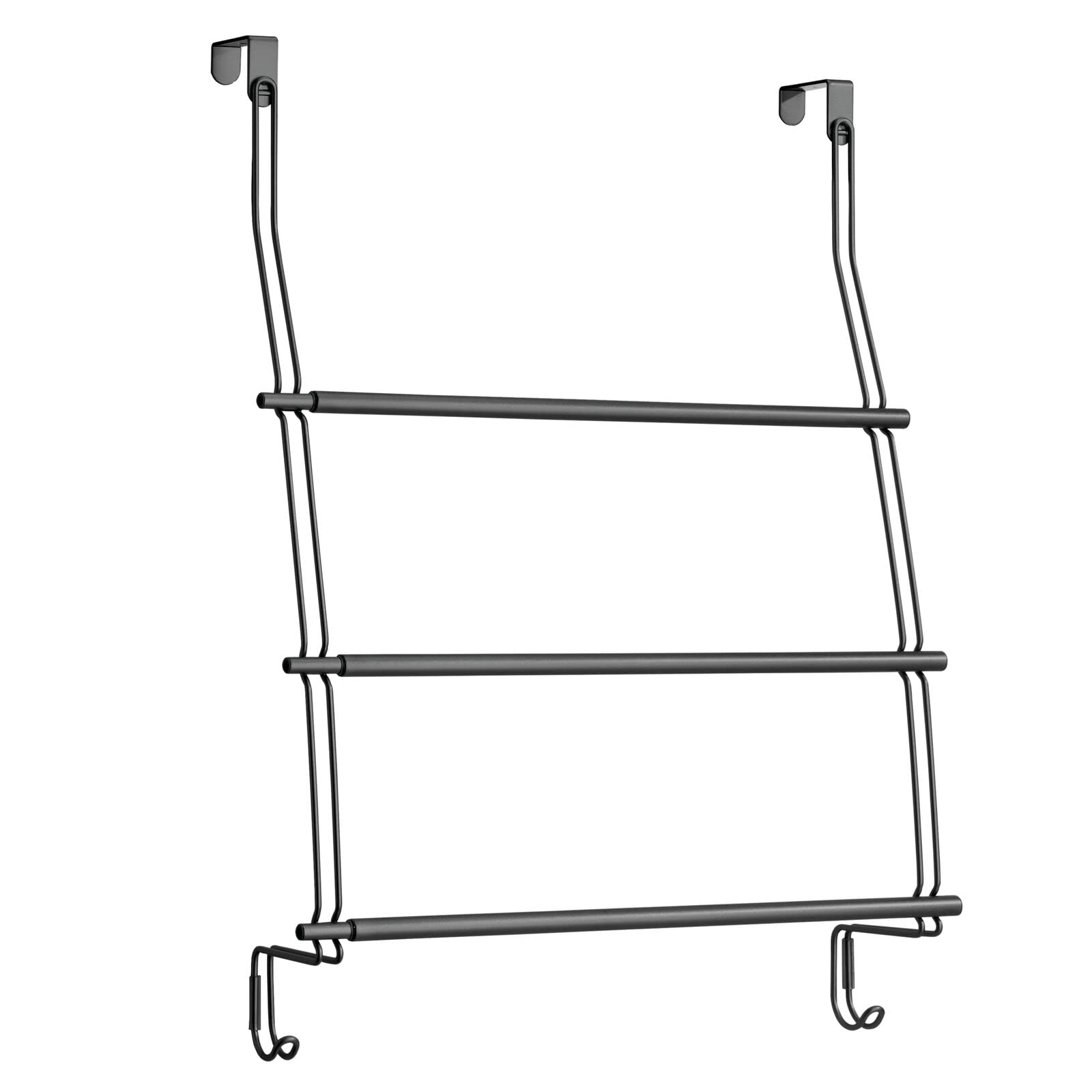 mDesign Expandable 3-Tier Metal Shower Door Towel Rack with 2 Large Hooks - Bathroom Organizer for Hand Towels, Bath Towels, Washcloths, Loofahs & Sponges - Trinity Collection in Matte Black - Perfect for Small Bathrooms, Showers & Space-Saving Storage