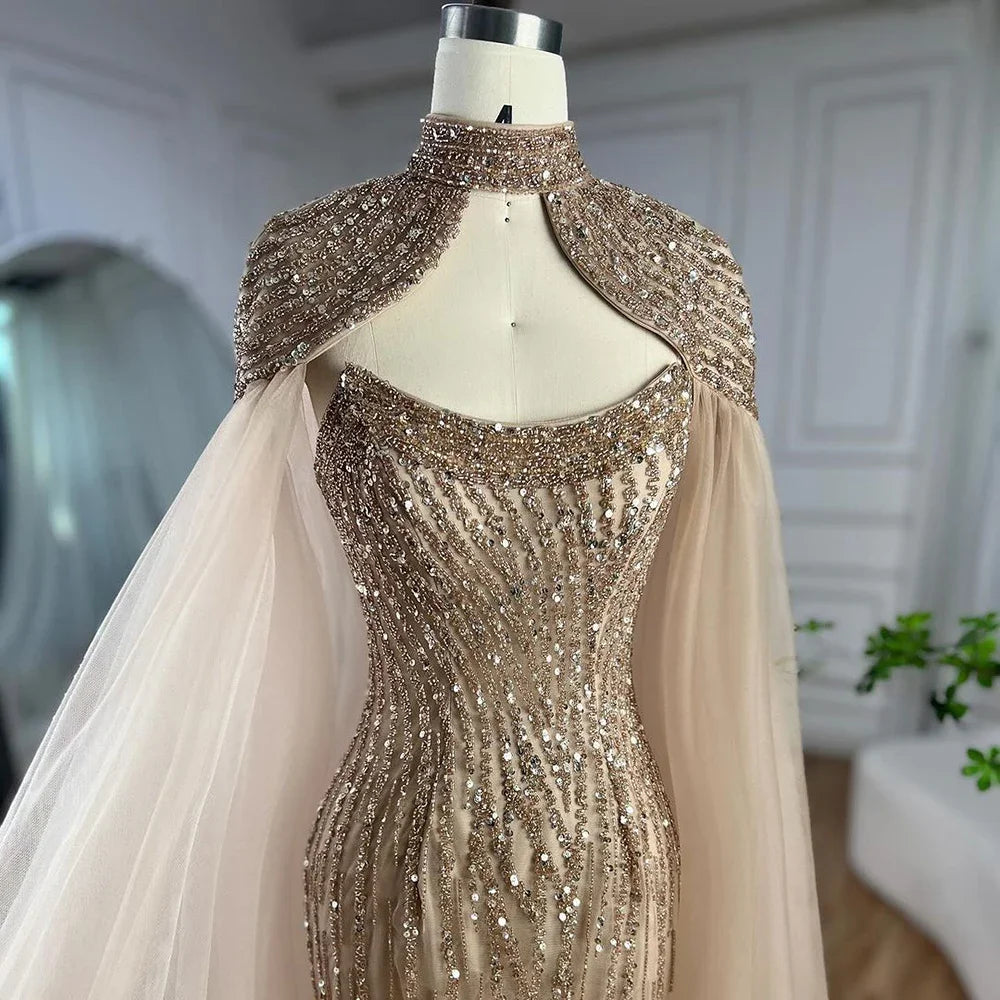 Luxury Beaded Pearl Mermaid Evening Gown for Women - Serene Hill Dubai Caramel Long Cloak Wedding Party Dress LA72223 | Elegant Formal Wear for Bridal, Prom & Special Occasions