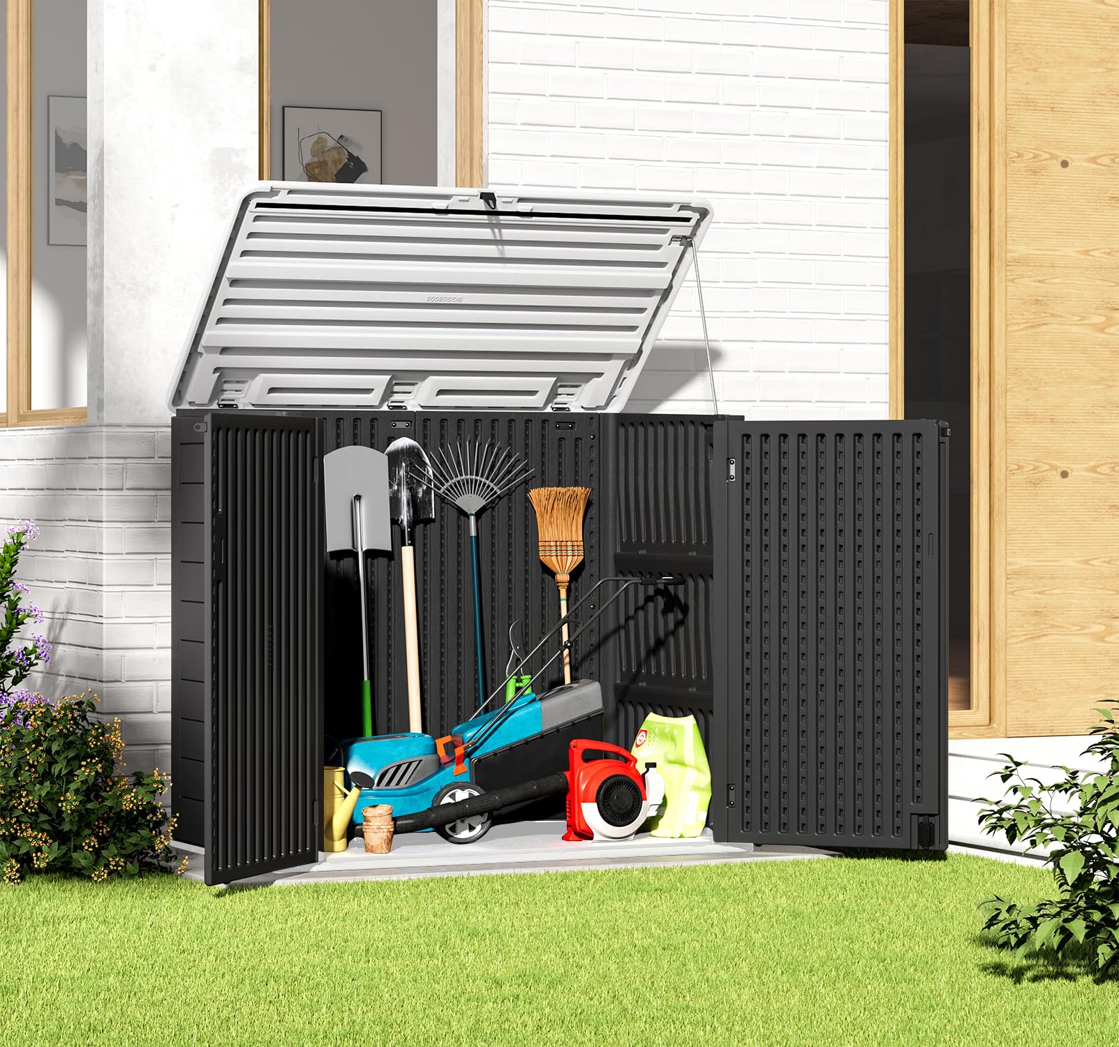 ADDOK 38 Cuft Large Outdoor Storage Shed - Weatherproof & Waterproof Horizontal Garden Storage Box for Backyard, Patio & Lawn - Perfect for Bikes, Trash Cans, Lawn Mowers & Patio Tools - Ideal for Organizing Outdoor Equipment & Seasonal Items