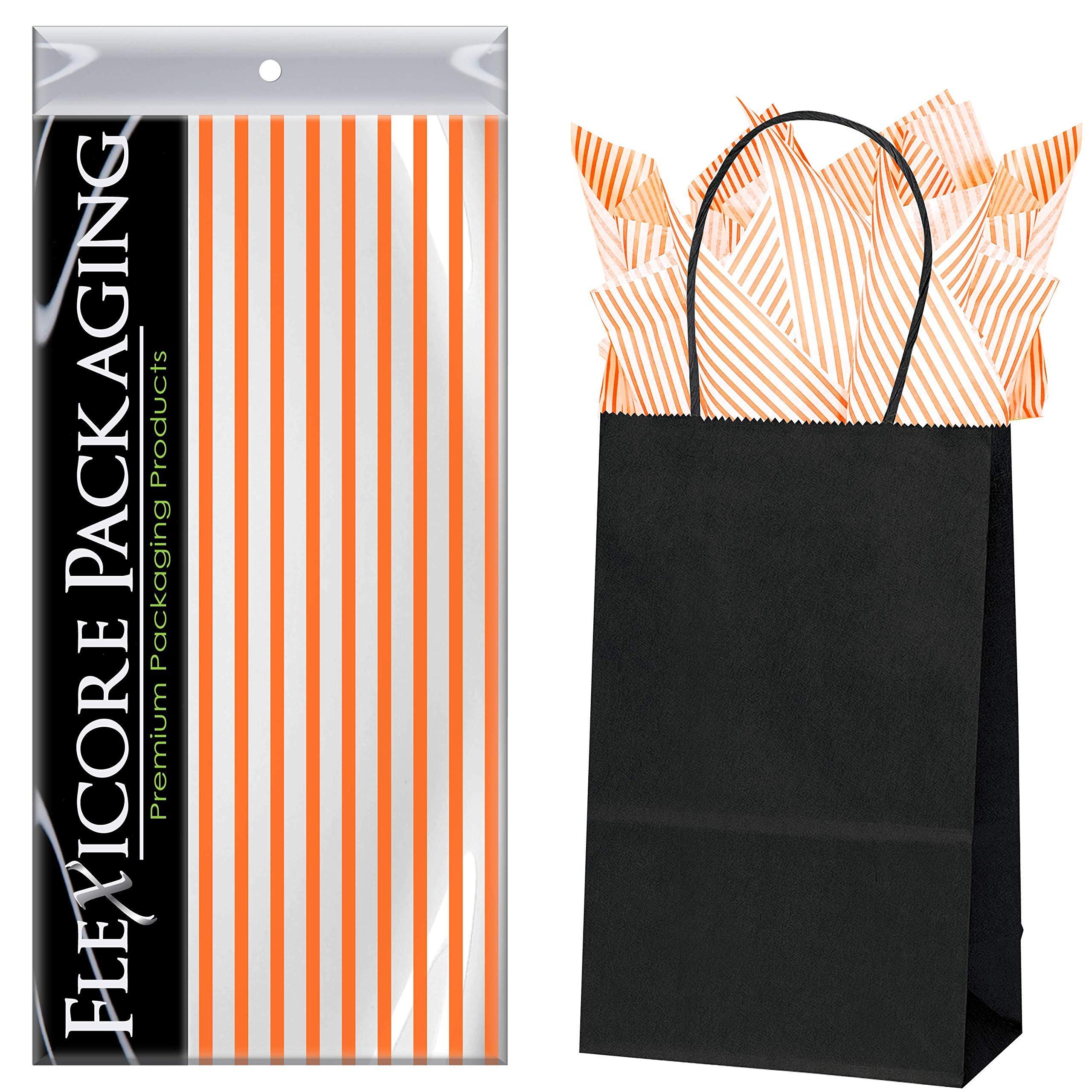 Premium Black Kraft Paper Gift Bags with Orange Pin Stripe & Tissue Wrap - 5.25