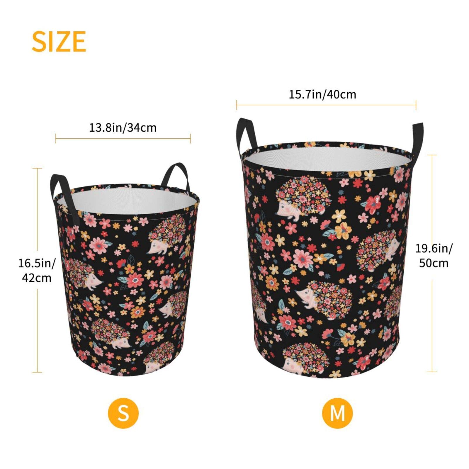 Stylish Black Collapsible Laundry Basket with Cute Hedgehog & Flower Design - Waterproof Fabric Hamper with Handles for Clothes, Toys Storage - Perfect for Bedroom, Bathroom & Kids Room Organization
