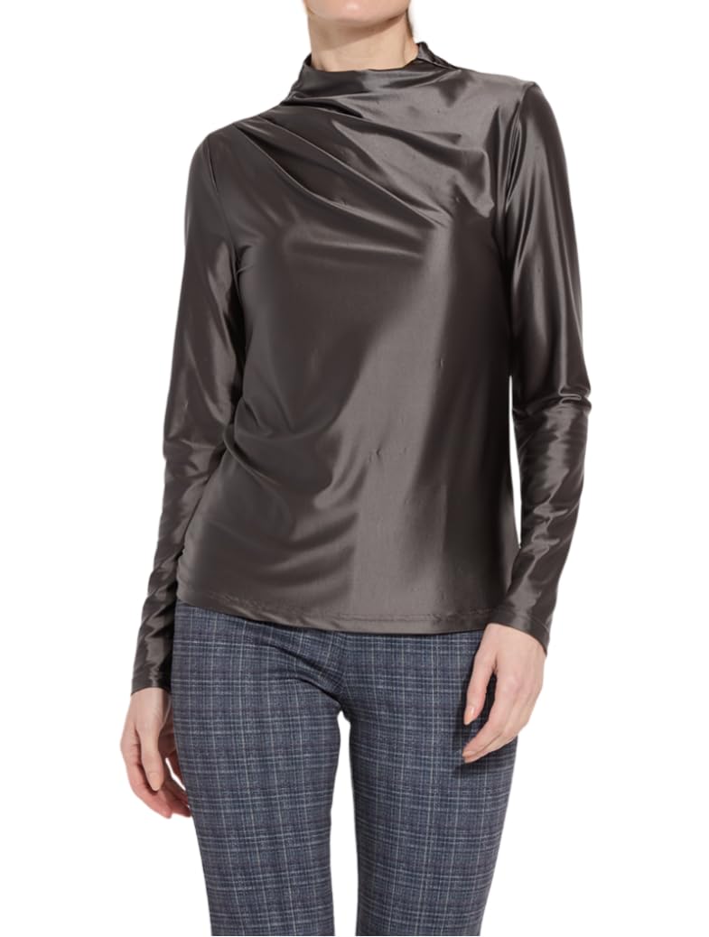 Lyssé Shalom Satin Shirt for Women - Elegant Long Sleeve Blouse & Asymmetrical Funnel Neck Top | Perfect for Office Wear, Evening Events & Special Occasions