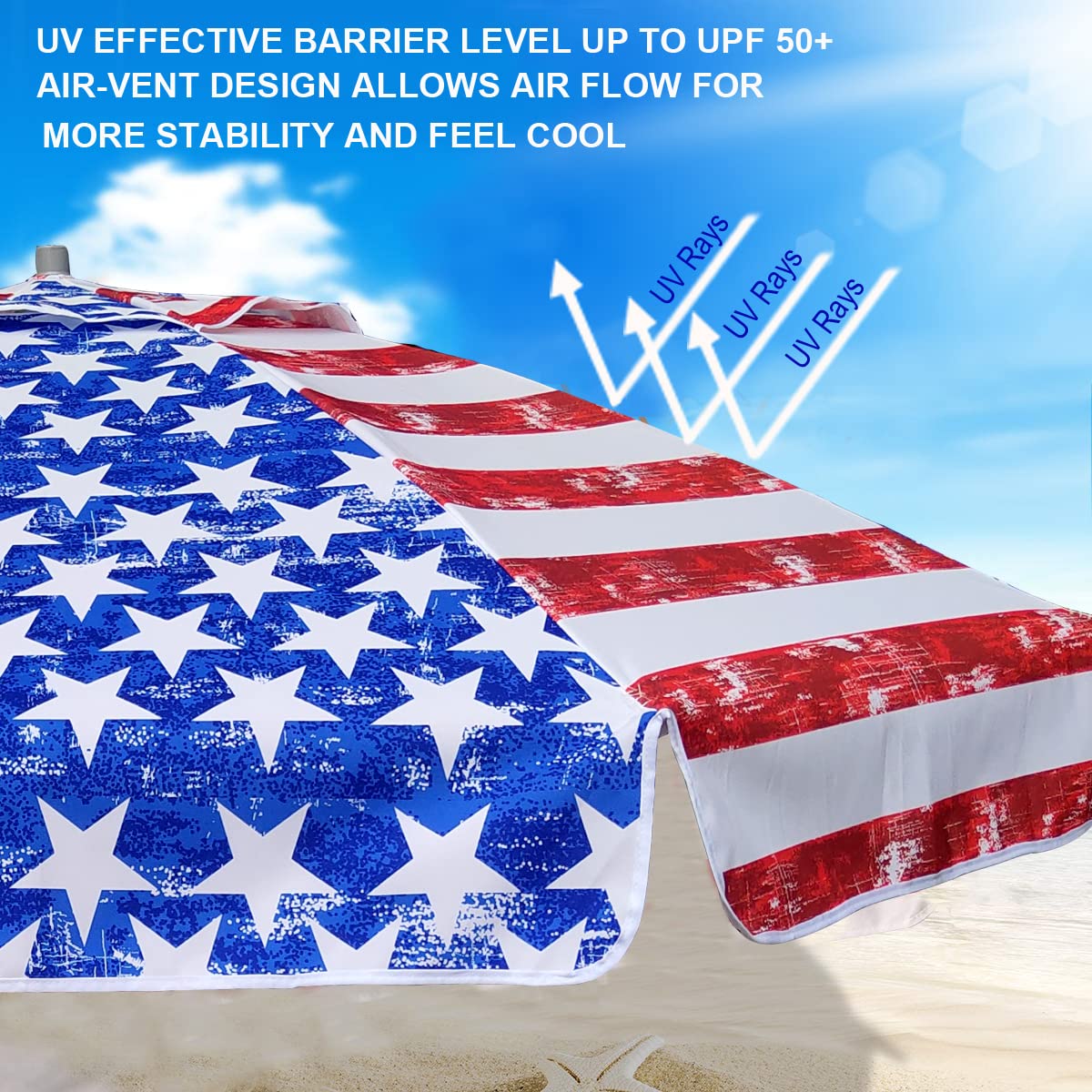 AMMSUN 7.5ft Heavy Duty Commercial Grade Beach Umbrella - High Wind Resistant with Air Vent, Ash Wood Pole & Carry Bag, UPF 50+ Sun Protection (American Flag Design) - Perfect for Beach, Poolside, Patio, and Outdoor Events