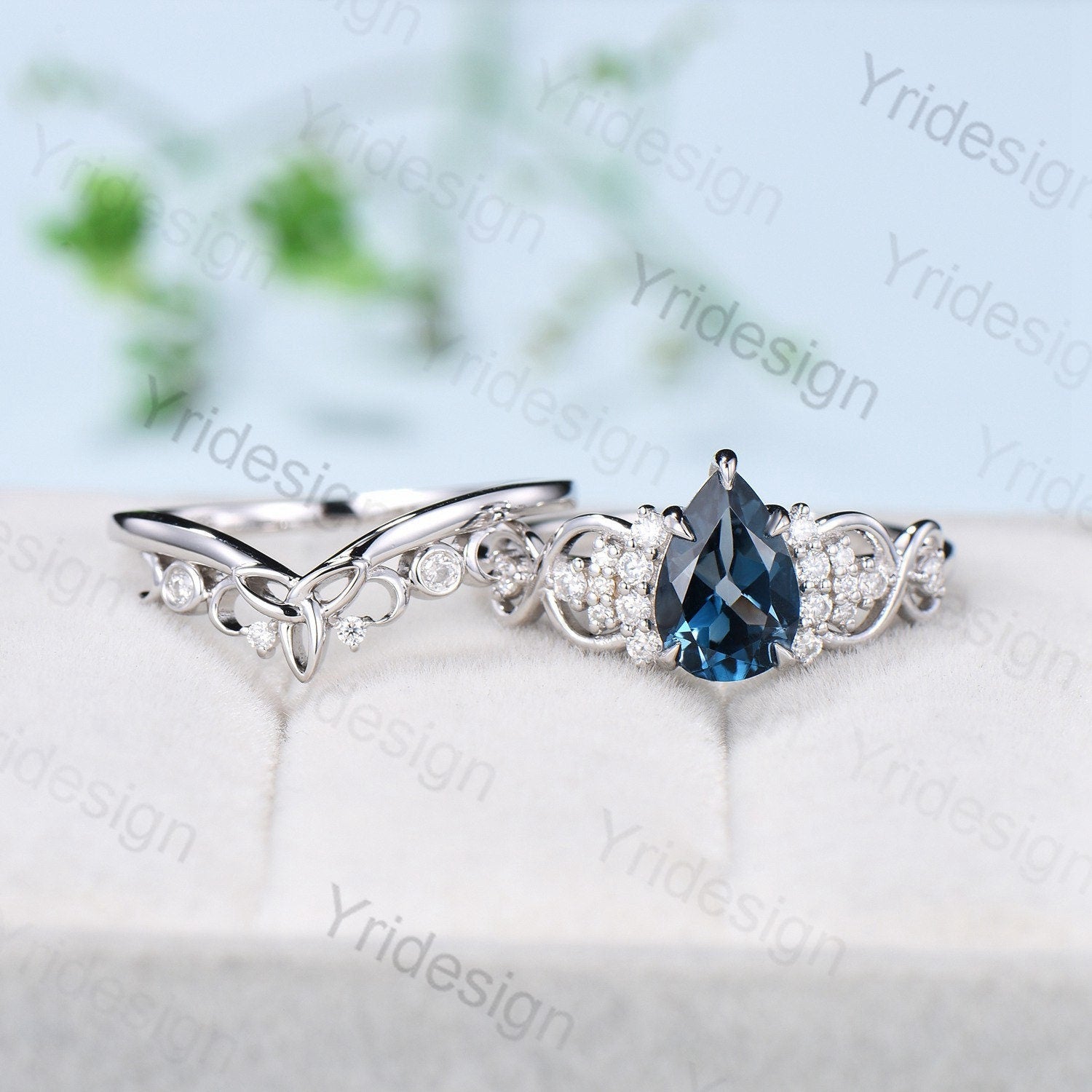 Celtic Love London Blue Topaz Engagement Ring Set – Pear Shaped Topaz & Diamond Wedding Ring – Norse Viking Cluster Moissanite Knot Bridal Jewelry for Women | Perfect for Weddings, Anniversaries & Romantic Gifts