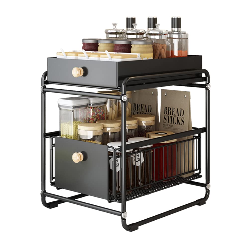2-Tier Under Sink Organizer with Sliding Baskets - Space Saving Cabinet Storage Shelf for Kitchen, Bathroom & Vanity - Perfect for Organizing Cleaning Supplies, Cosmetics & Toiletries (Black)