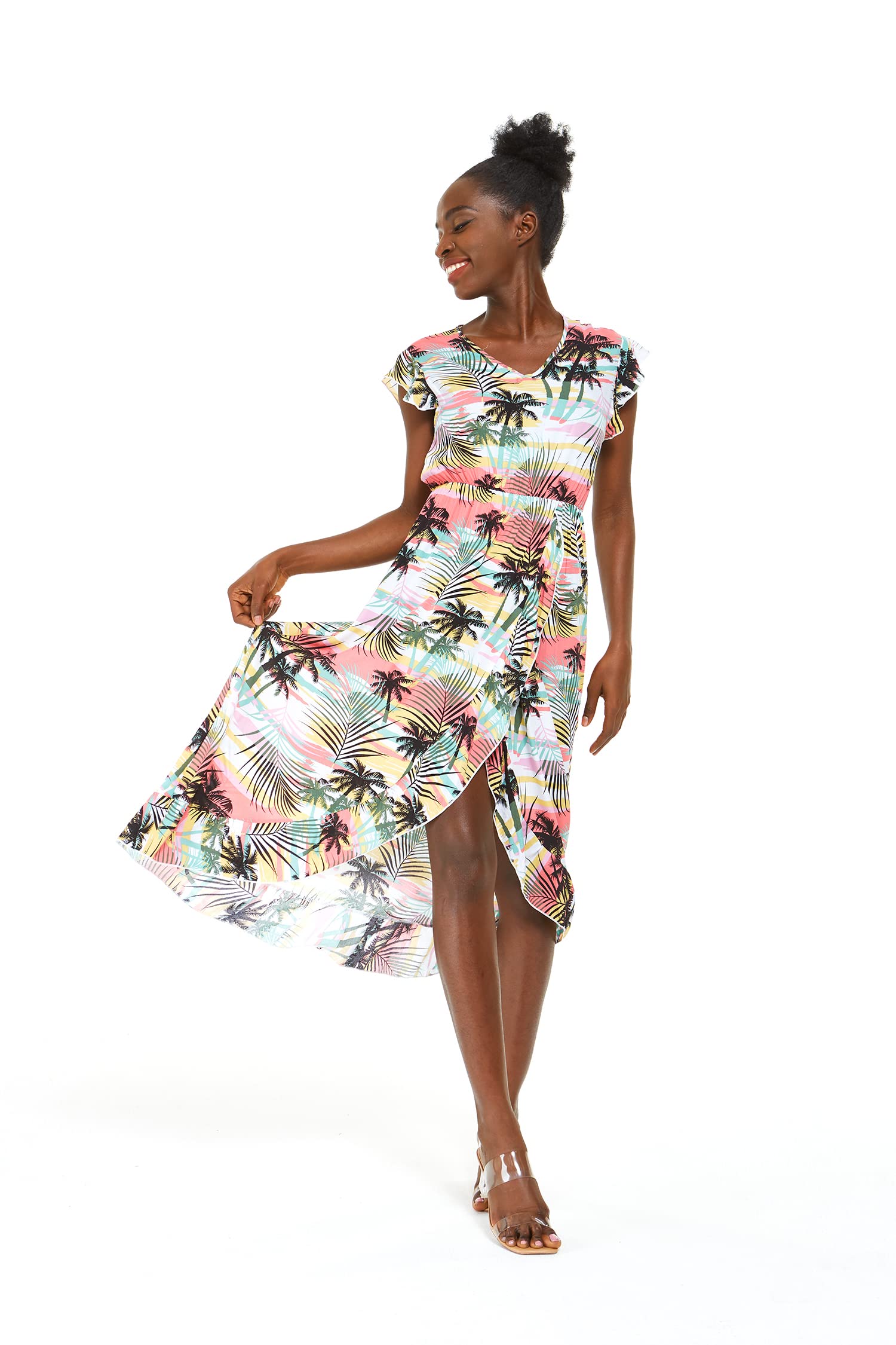Hawaiian Luau Wrap Ruffle Dress for Women - Floral Hibiscus Vine Print - Perfect for Beach Parties, Summer Vacations & Tropical Themed Events