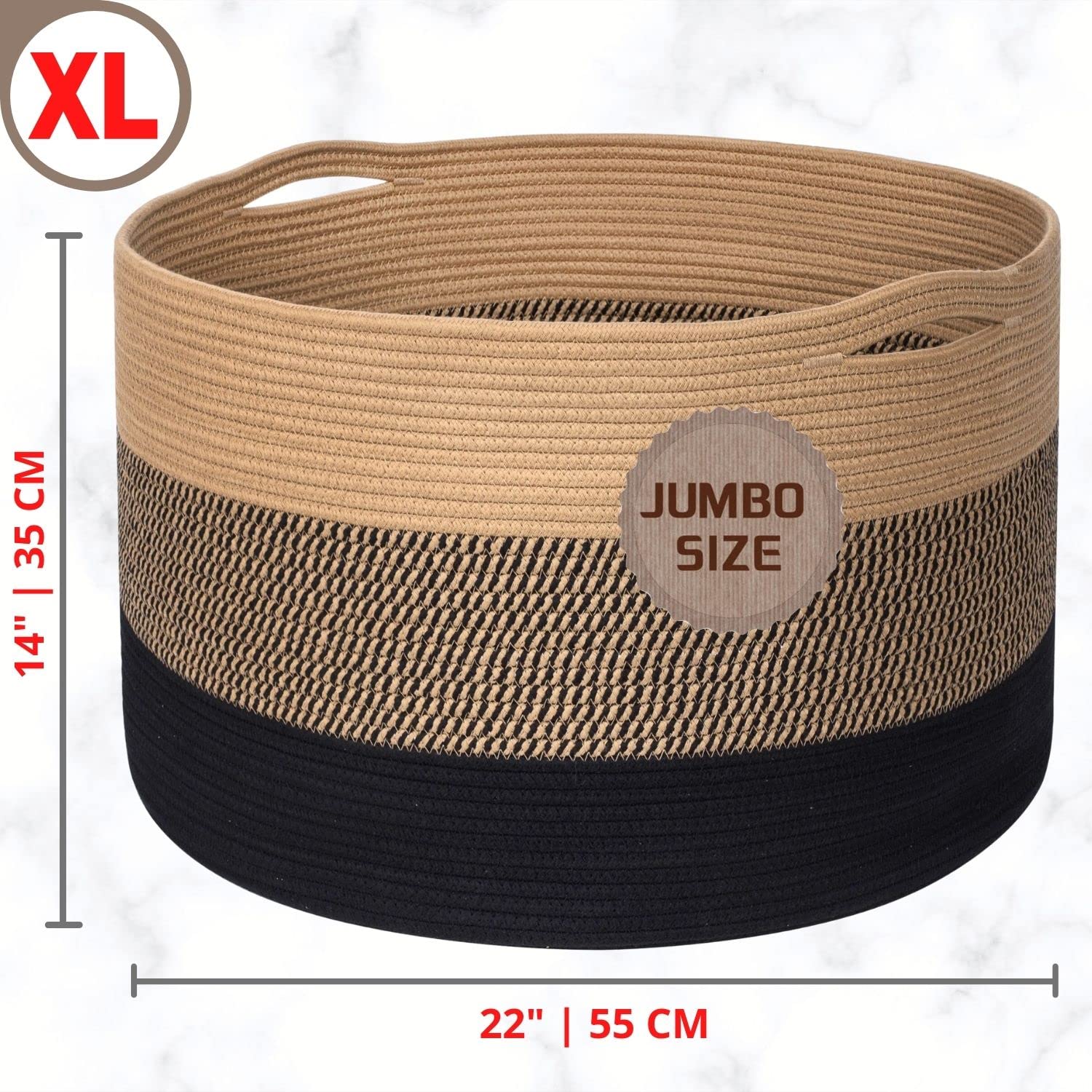 MINTWOOD Extra Large 22x14 Inch Woven Cotton Rope Storage Basket - Blanket Organizer, Laundry Hamper, Toy Bin for Living Room, Bedroom & Nursery - Decorative Black Jute Basket for Home Organization