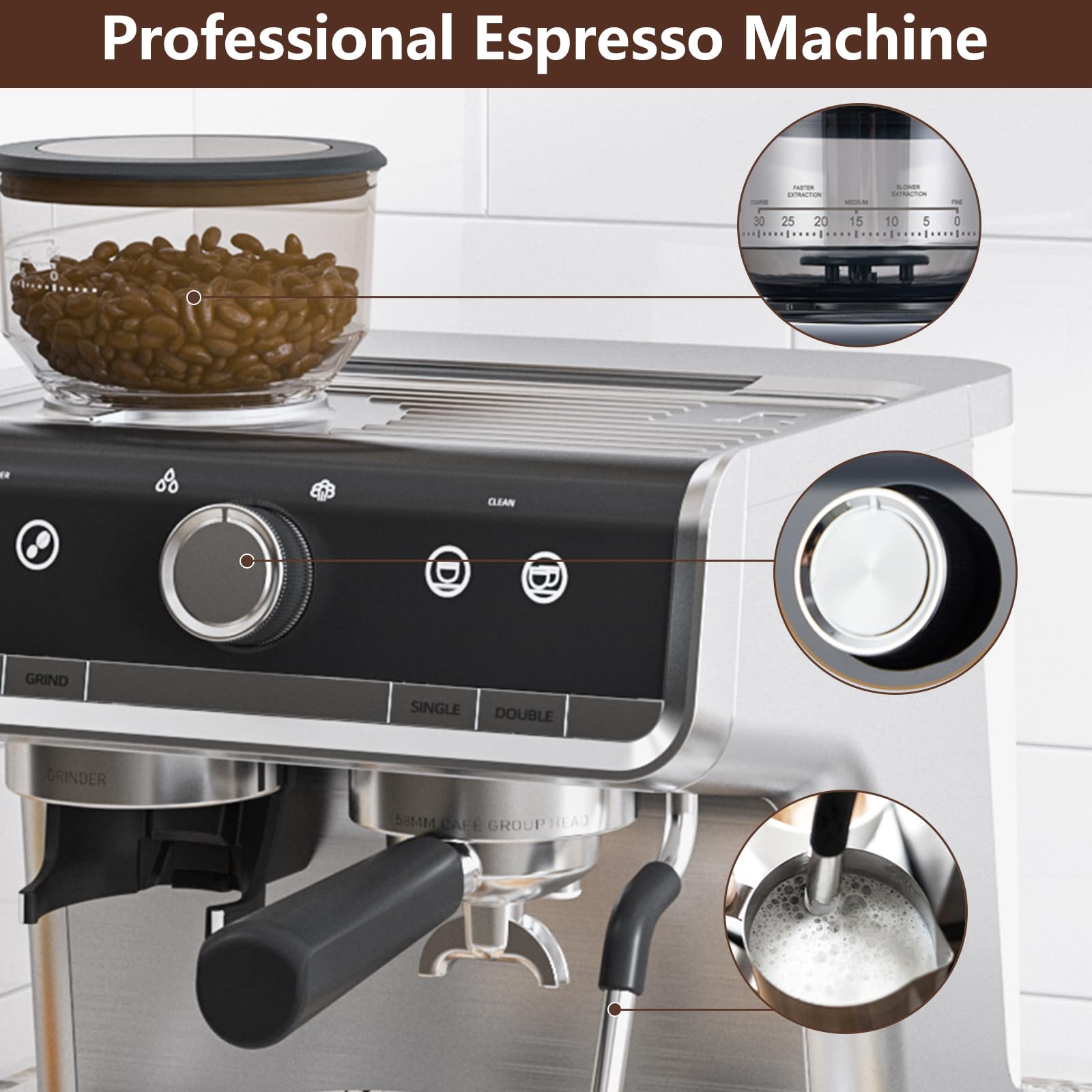 Premium 20 Bar Espresso Machine with Milk Frother & Built-in Coffee Grinder - Professional Home Coffee Maker for Espresso, Cappuccino, Latte - Single & Double Cup Options - 2.8L Removable Water Tank - Perfect for Home Baristas & Coffee Lovers (Ideal for Breakfast, Office Use & Entertaining Guests)